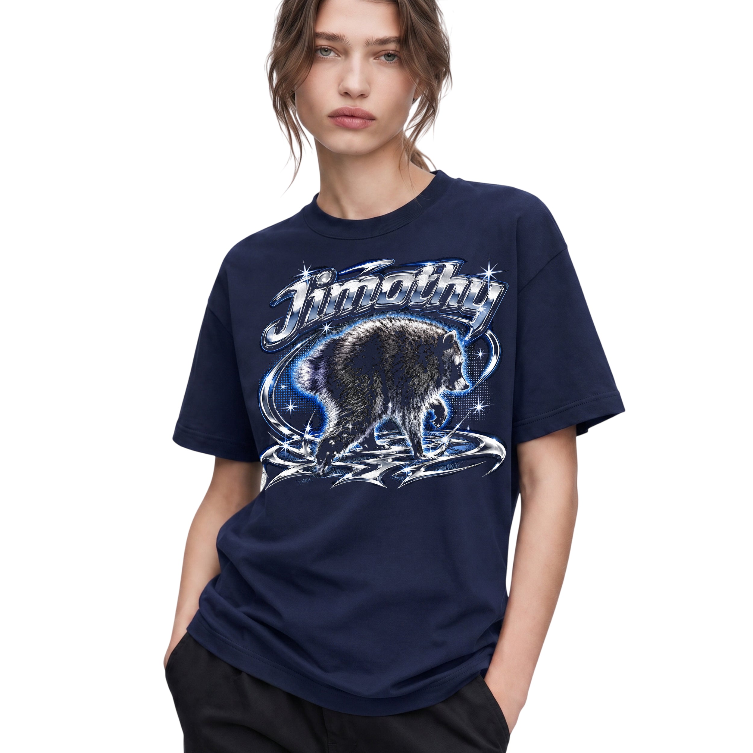 SF_COLOR=navy; SF_ITEM=adult-t-shirt; SF_ROLE=gallery; Jimothy Raccoon Chrome Logo T-Shirt YK Aesthetic Blue Aura Funny Trash Panda - Navy Adult T-Shirt product image