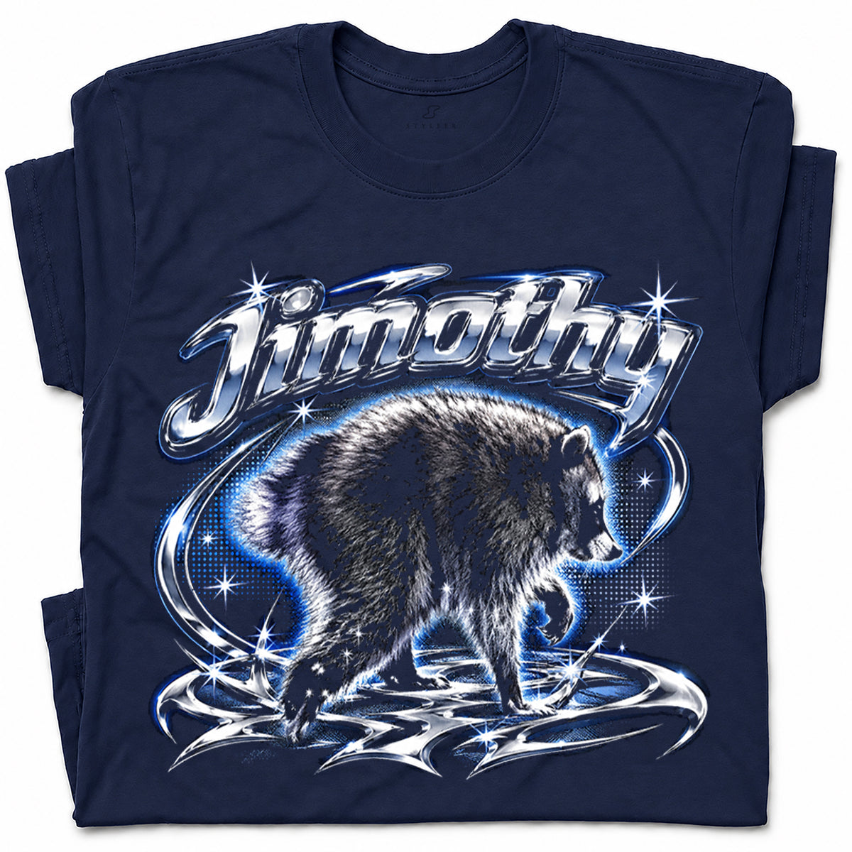 SF_COLOR=navy; SF_ITEM=adult-t-shirt; SF_ROLE=gallery; Jimothy Raccoon Chrome Logo T-Shirt YK Aesthetic Blue Aura Funny Trash Panda - Navy Adult T-Shirt product image