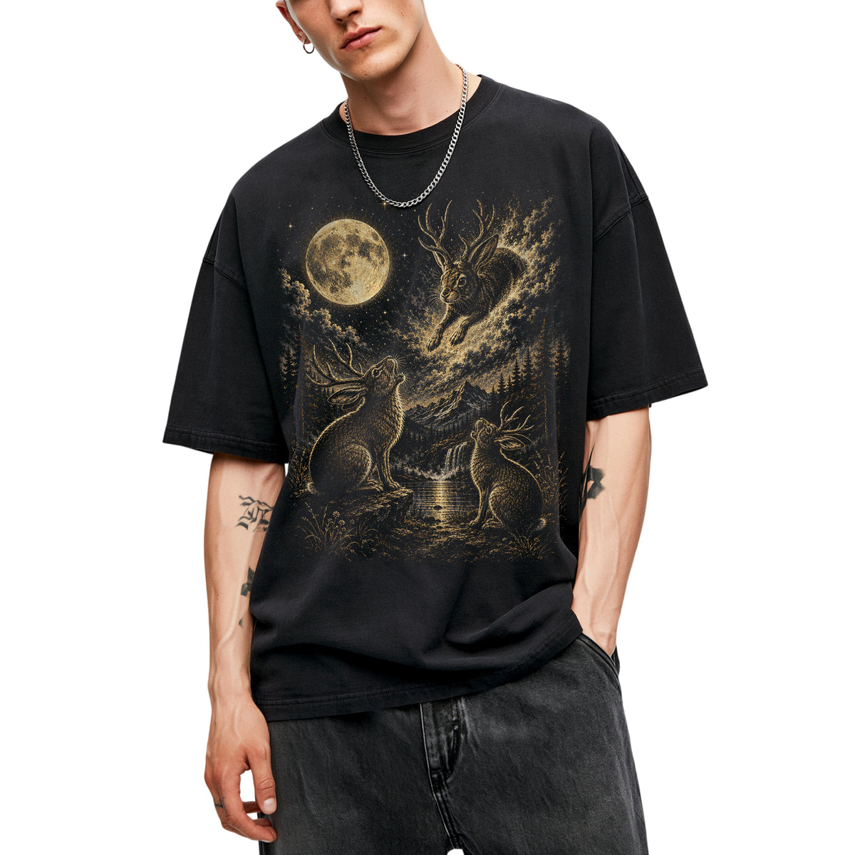 SF_COLOR=black; SF_ITEM=adult-t-shirt; SF_ROLE=main; Jumping Jackalope T-Shirt Vintage Night Sky Full Moon Mythical Creature Top - Black Adult T-Shirt product image
