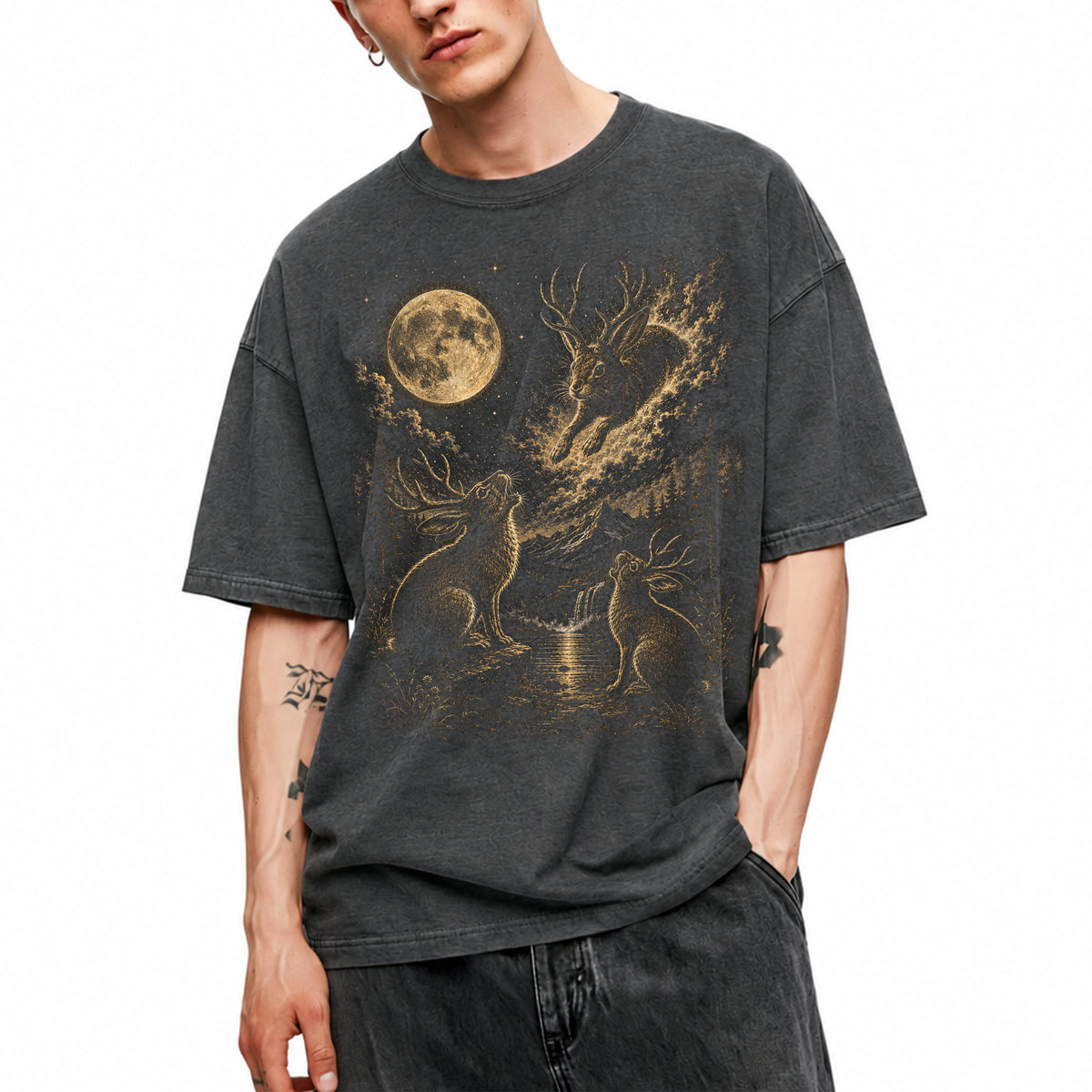 SF_COLOR=dark-heather; SF_ITEM=adult-t-shirt; SF_ROLE=main; Jumping Jackalope T-Shirt Vintage Night Sky Full Moon Mythical Creature Top - Dark Heather Adult T-Shirt product image