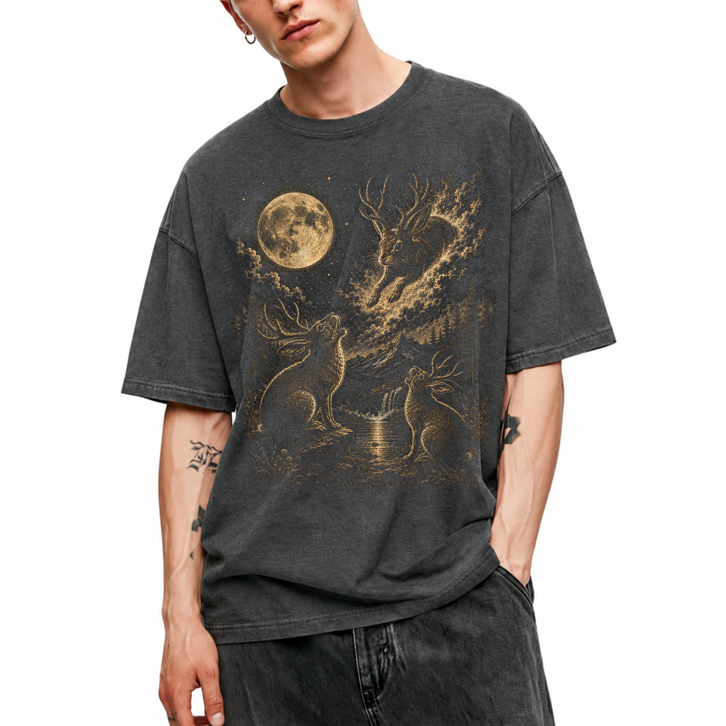 SF_COLOR=dark-heather; SF_ITEM=adult-t-shirt; SF_ROLE=main; Jumping Jackalope T-Shirt Vintage Night Sky Full Moon Mythical Creature Top - Dark Heather Adult T-Shirt product image