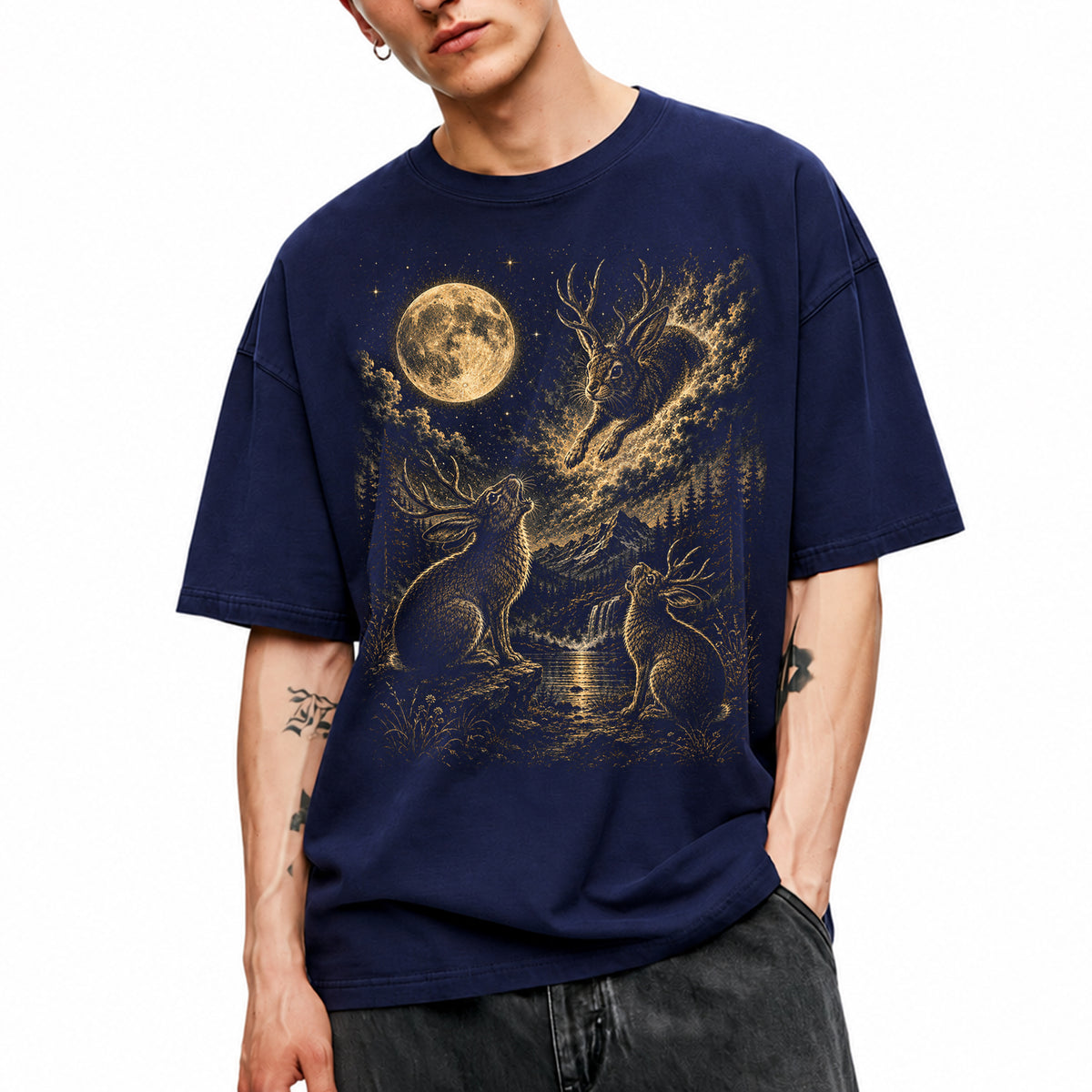 SF_COLOR=navy; SF_ITEM=adult-t-shirt; SF_ROLE=main; Jumping Jackalope T-Shirt Vintage Night Sky Full Moon Mythical Creature Top - Navy Adult T-Shirt product image
