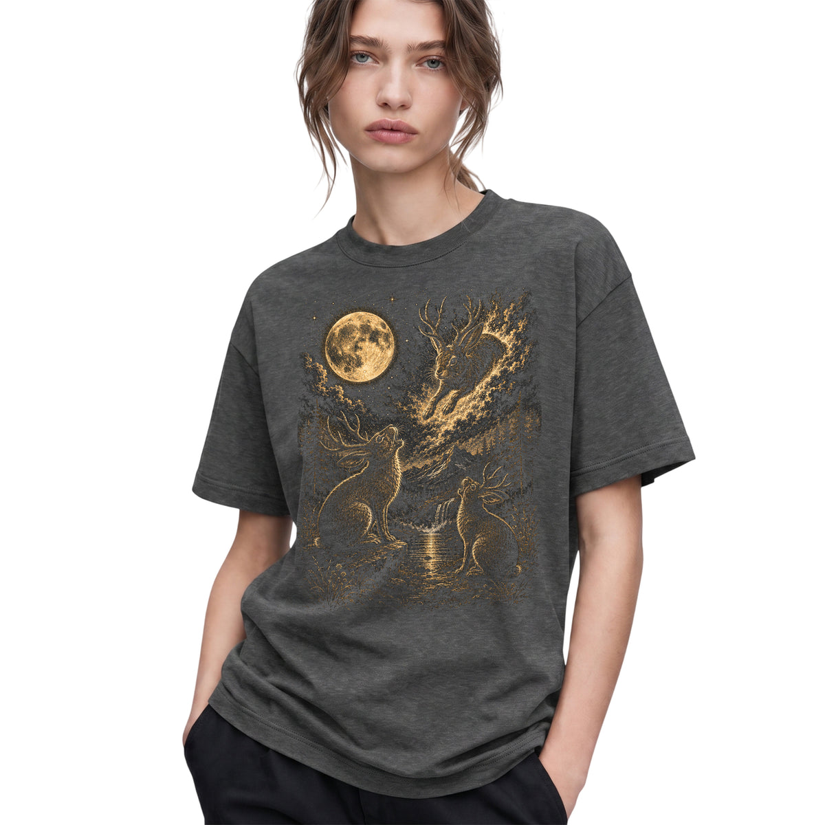 SF_COLOR=dark-heather; SF_ITEM=adult-t-shirt; SF_ROLE=gallery; Jumping Jackalope T-Shirt Vintage Night Sky Full Moon Mythical Creature Top - Dark Heather Adult T-Shirt product image