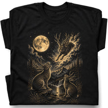 SF_COLOR=black; SF_ITEM=adult-t-shirt; SF_ROLE=gallery; Jumping Jackalope T-Shirt Vintage Night Sky Full Moon Mythical Creature Top - Black Adult T-Shirt product image