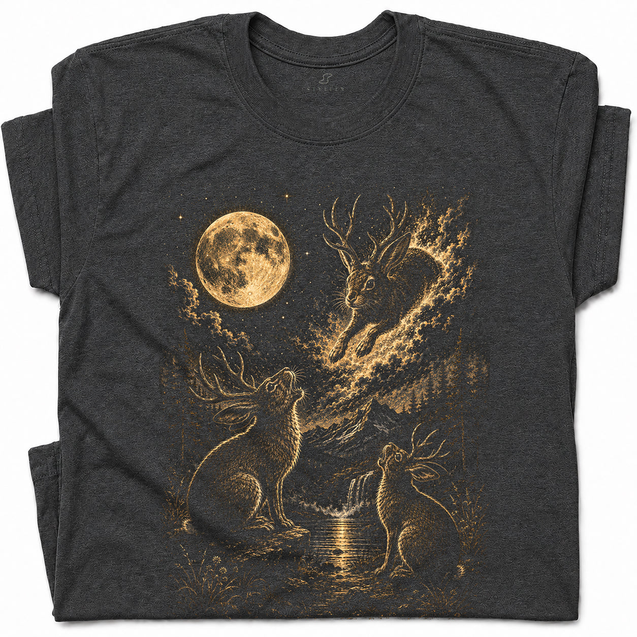SF_COLOR=dark-heather; SF_ITEM=adult-t-shirt; SF_ROLE=gallery; Jumping Jackalope T-Shirt Vintage Night Sky Full Moon Mythical Creature Top - Dark Heather Adult T-Shirt product image