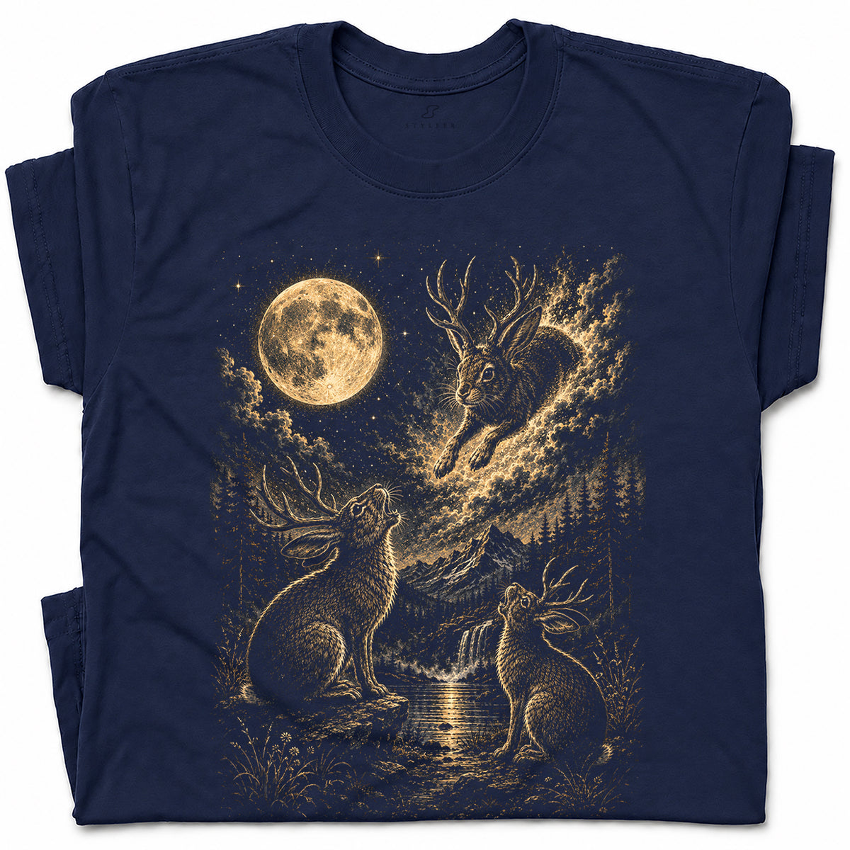 SF_COLOR=navy; SF_ITEM=adult-t-shirt; SF_ROLE=gallery; Jumping Jackalope T-Shirt Vintage Night Sky Full Moon Mythical Creature Top - Navy Adult T-Shirt product image