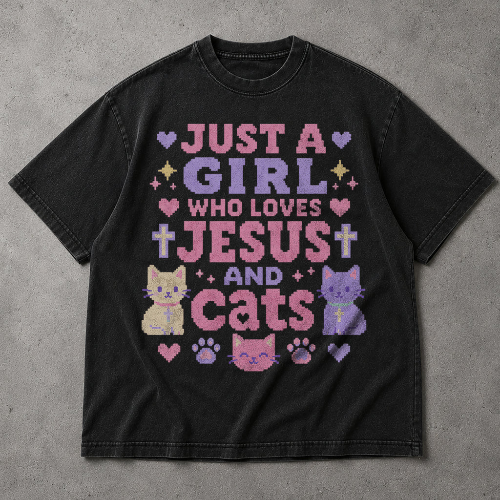 SF_COLOR=black; SF_ITEM=adult-t-shirt; SF_ROLE=main; Just A Girl Who Loves Jesus And Cats T-Shirt Christian Feline Pet Lover Tee - Black Adult T-Shirt product image