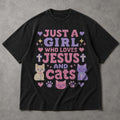 SF_COLOR=black; SF_ITEM=adult-t-shirt; SF_ROLE=main; Just A Girl Who Loves Jesus And Cats T-Shirt Christian Feline Pet Lover Tee - Black Adult T-Shirt product image