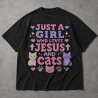 SF_COLOR=black; SF_ITEM=adult-t-shirt; SF_ROLE=main; Just A Girl Who Loves Jesus And Cats T-Shirt Christian Feline Pet Lover Tee - Black Adult T-Shirt product image