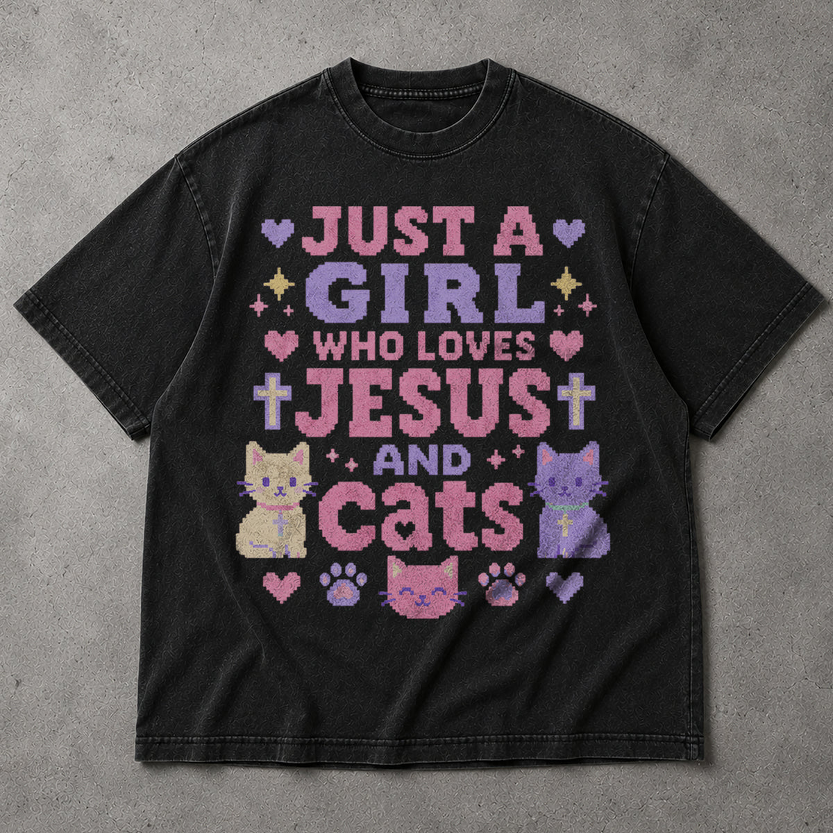 SF_COLOR=black; SF_ITEM=adult-t-shirt; SF_ROLE=main; Just A Girl Who Loves Jesus And Cats T-Shirt Christian Feline Pet Lover Tee - Black Adult T-Shirt product image