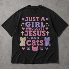SF_COLOR=black; SF_ITEM=adult-t-shirt; SF_ROLE=main; Just A Girl Who Loves Jesus And Cats T-Shirt Christian Feline Pet Lover Tee - Black Adult T-Shirt product image