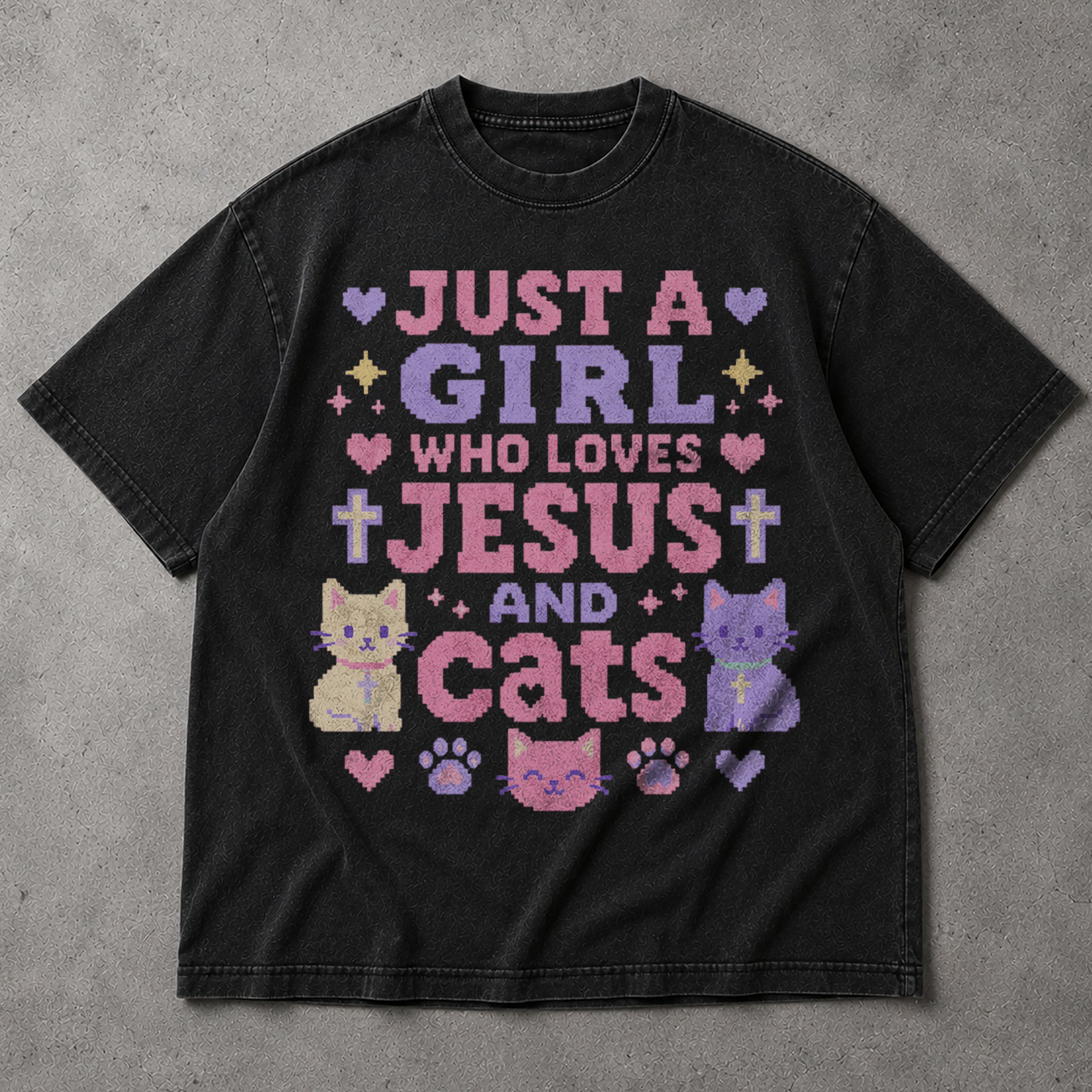SF_COLOR=black; SF_ITEM=adult-t-shirt; SF_ROLE=main; Just A Girl Who Loves Jesus And Cats T-Shirt Christian Feline Pet Lover Tee - Black Adult T-Shirt product image