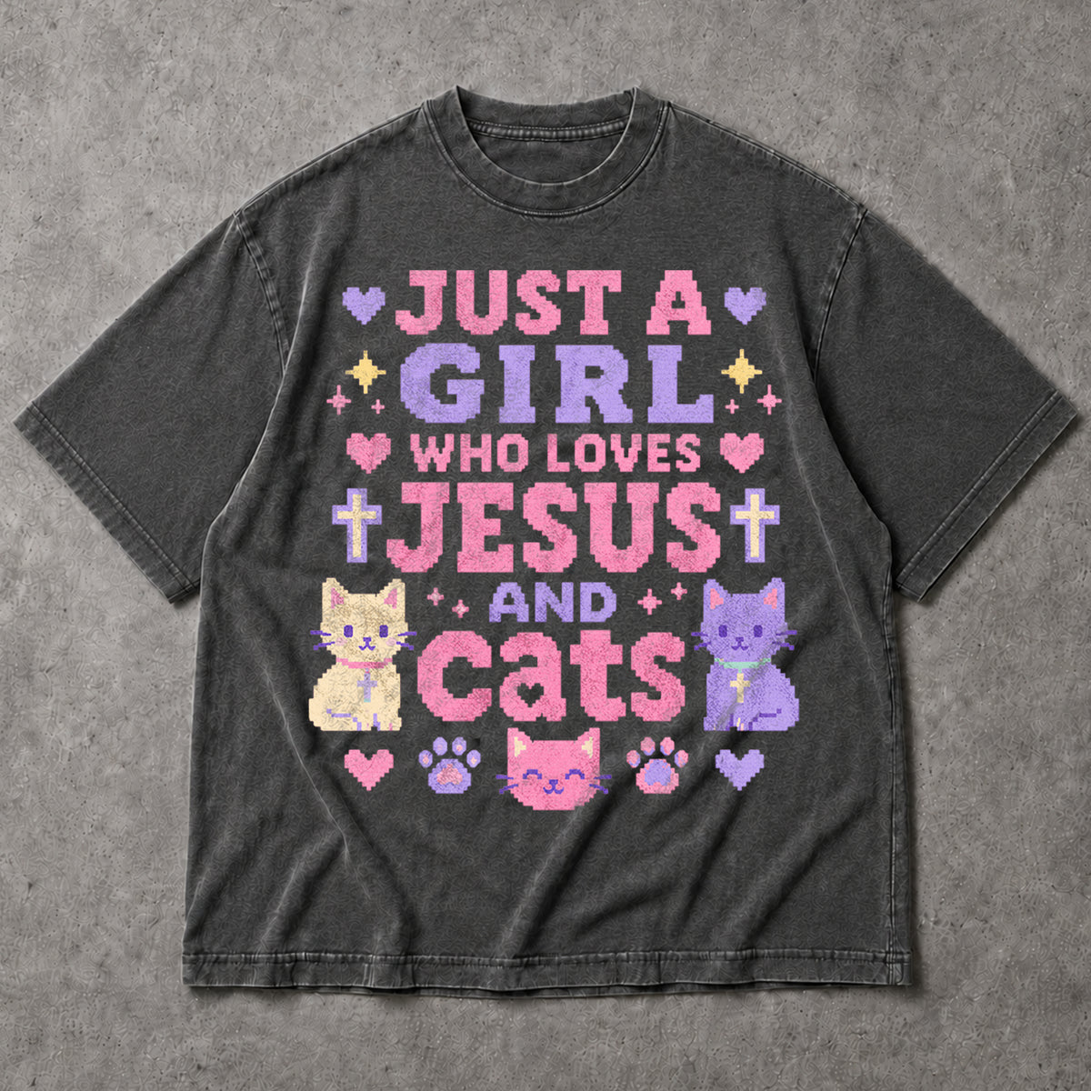 SF_COLOR=dark-heather; SF_ITEM=adult-t-shirt; SF_ROLE=main; Just A Girl Who Loves Jesus And Cats T-Shirt Christian Feline Pet Lover Tee - Dark Heather Adult T-Shirt product image