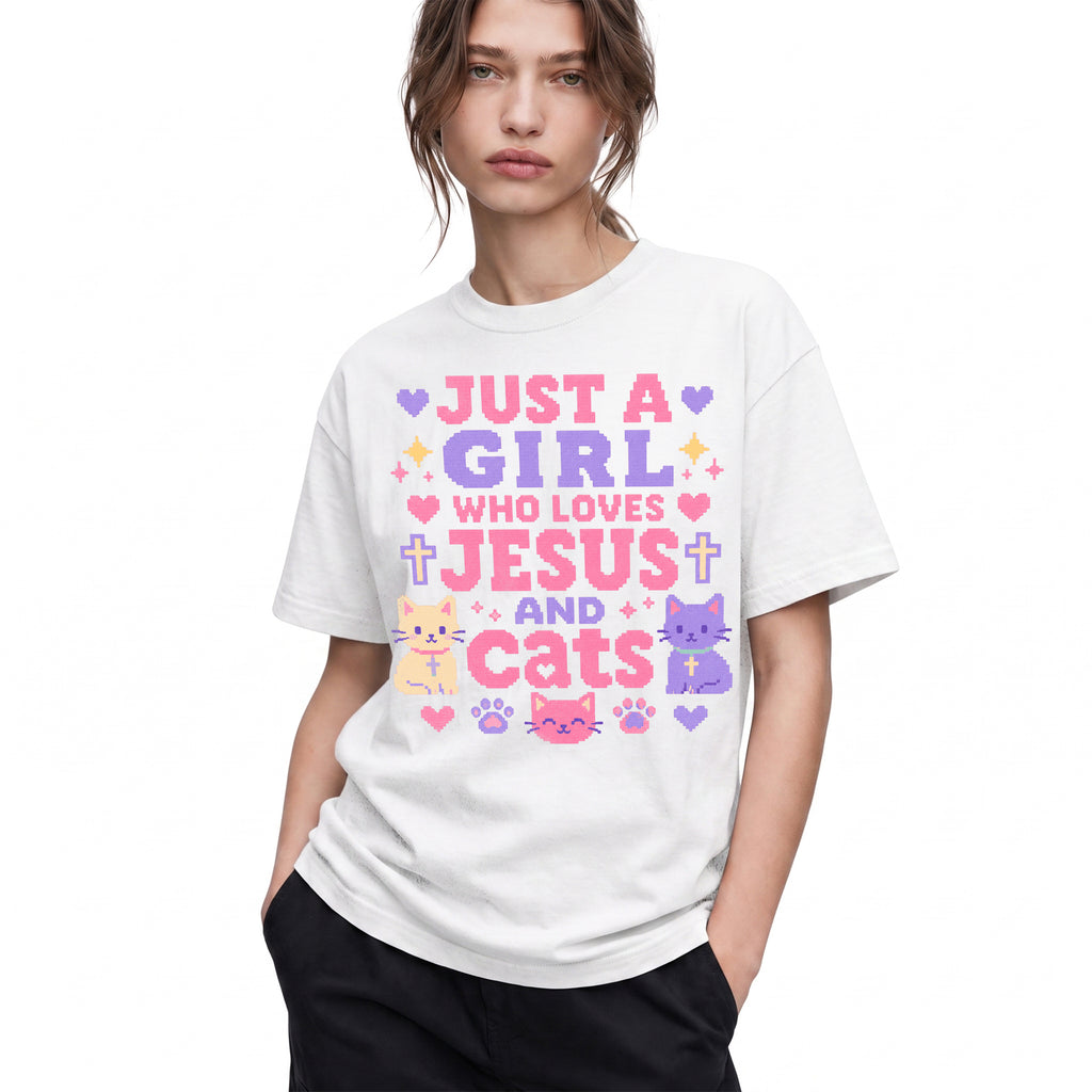 SF_COLOR=white; SF_ITEM=adult-t-shirt; SF_ROLE=gallery; Just A Girl Who Loves Jesus And Cats T-Shirt Christian Feline Pet Lover Tee - White Adult T-Shirt product image