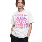 SF_COLOR=white; SF_ITEM=adult-t-shirt; SF_ROLE=gallery; Just A Girl Who Loves Jesus And Cats T-Shirt Christian Feline Pet Lover Tee - White Adult T-Shirt product image