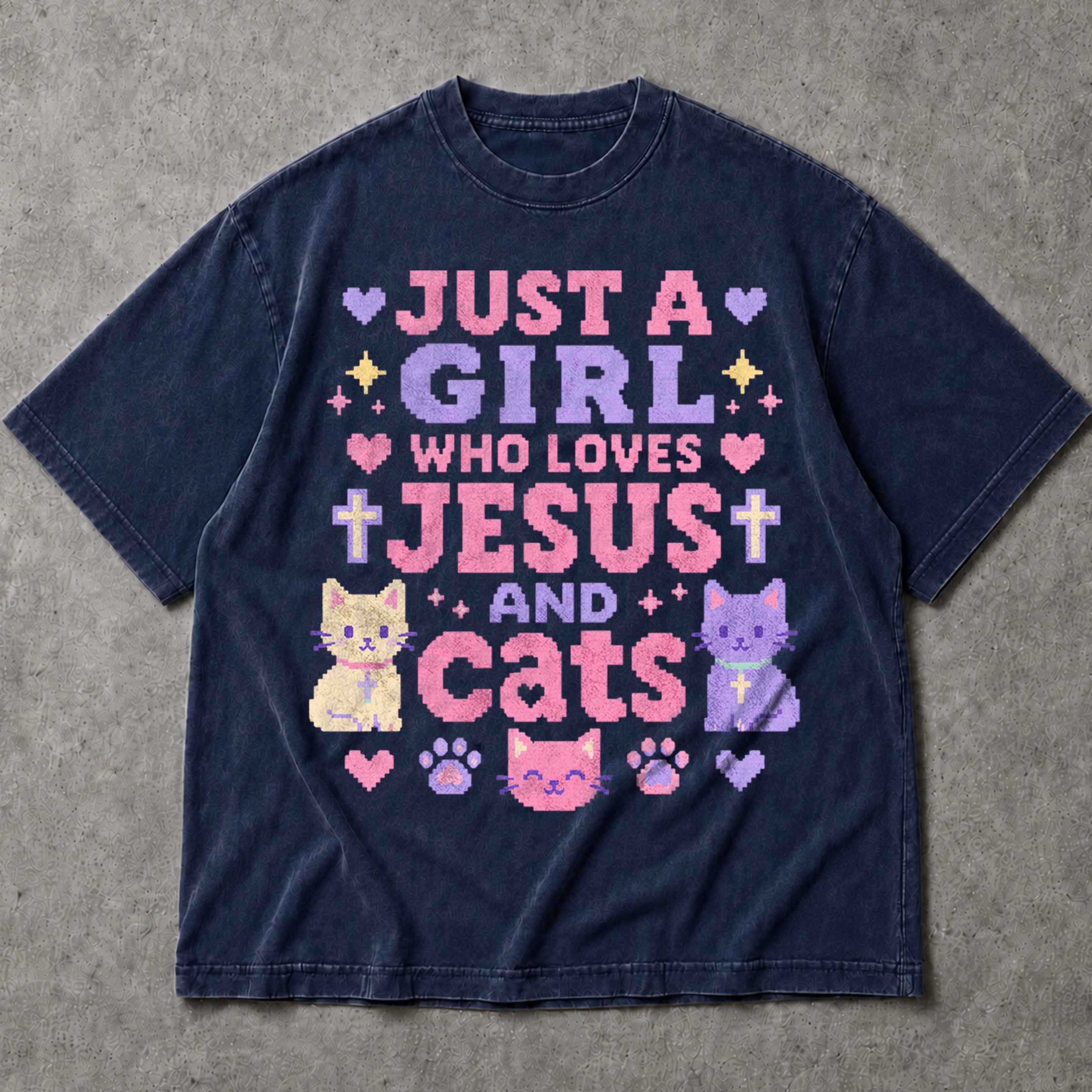 SF_COLOR=navy; SF_ITEM=adult-t-shirt; SF_ROLE=main; Just A Girl Who Loves Jesus And Cats T-Shirt Christian Feline Pet Lover Tee - Navy Adult T-Shirt product image