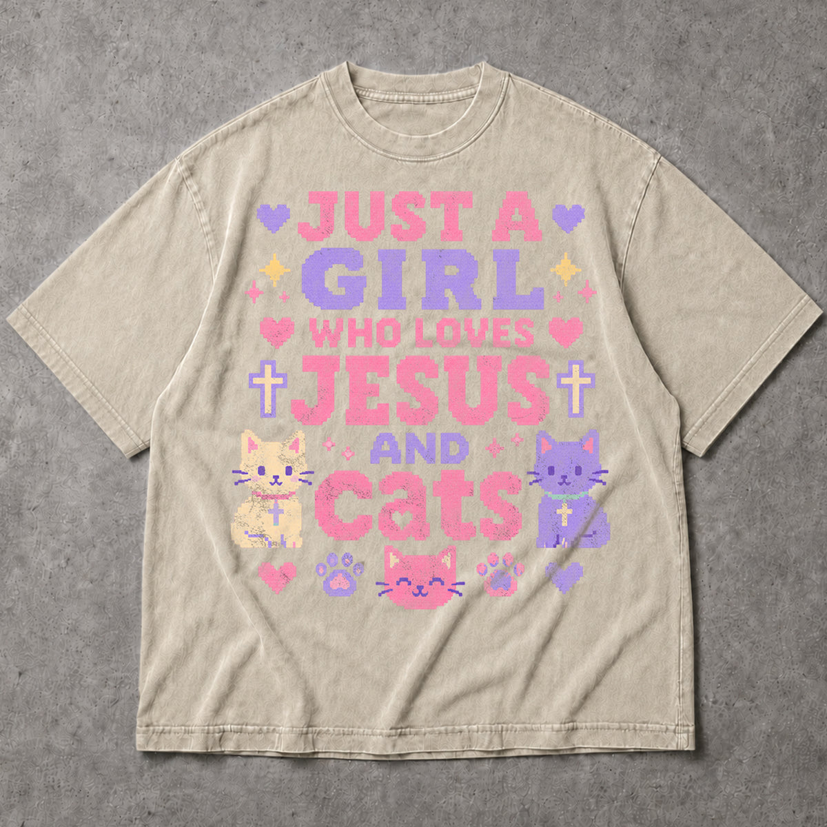 SF_COLOR=sand; SF_ITEM=adult-t-shirt; SF_ROLE=main; Just A Girl Who Loves Jesus And Cats T-Shirt Christian Feline Pet Lover Tee - Sand Adult T-Shirt product image