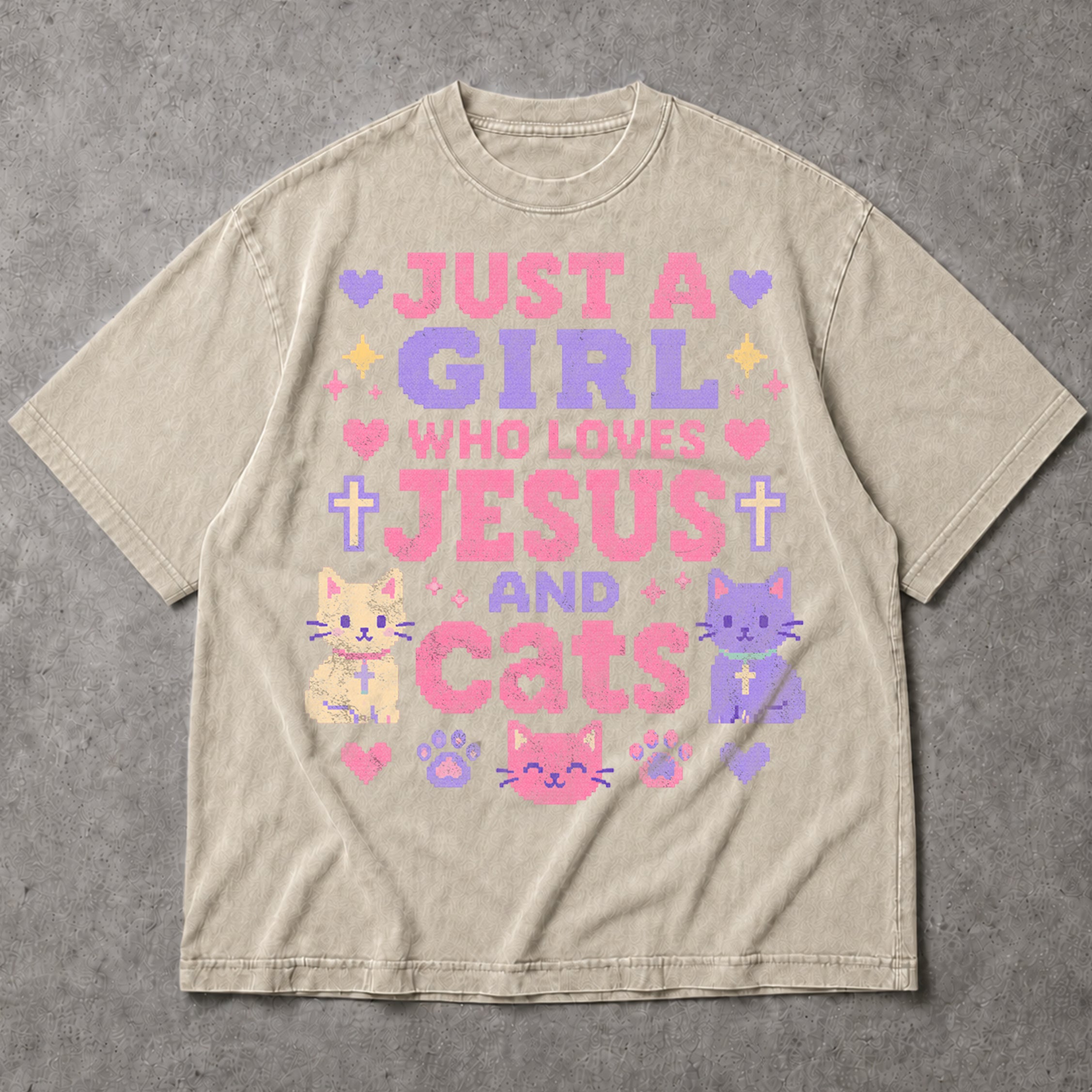 SF_COLOR=sand; SF_ITEM=adult-t-shirt; SF_ROLE=main; Just A Girl Who Loves Jesus And Cats T-Shirt Christian Feline Pet Lover Tee - Sand Adult T-Shirt product image