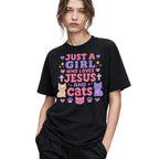SF_COLOR=black; SF_ITEM=adult-t-shirt; SF_ROLE=gallery; Just A Girl Who Loves Jesus And Cats T-Shirt Christian Feline Pet Lover Tee - Black Adult T-Shirt product image