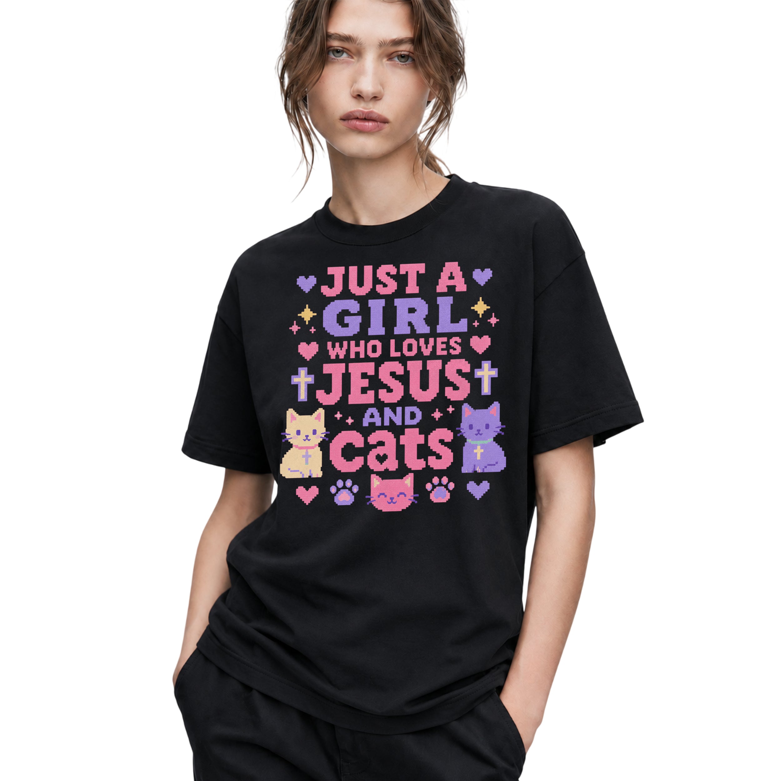 SF_COLOR=black; SF_ITEM=adult-t-shirt; SF_ROLE=gallery; Just A Girl Who Loves Jesus And Cats T-Shirt Christian Feline Pet Lover Tee - Black Adult T-Shirt product image