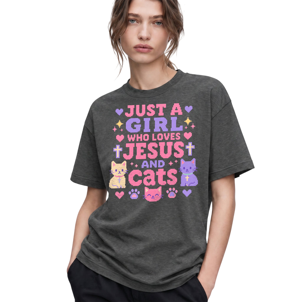 SF_COLOR=dark-heather; SF_ITEM=adult-t-shirt; SF_ROLE=gallery; Just A Girl Who Loves Jesus And Cats T-Shirt Christian Feline Pet Lover Tee - Dark Heather Adult T-Shirt product image