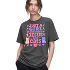 SF_COLOR=dark-heather; SF_ITEM=adult-t-shirt; SF_ROLE=gallery; Just A Girl Who Loves Jesus And Cats T-Shirt Christian Feline Pet Lover Tee - Dark Heather Adult T-Shirt product image