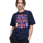 SF_COLOR=navy; SF_ITEM=adult-t-shirt; SF_ROLE=gallery; Just A Girl Who Loves Jesus And Cats T-Shirt Christian Feline Pet Lover Tee - Navy Adult T-Shirt product image