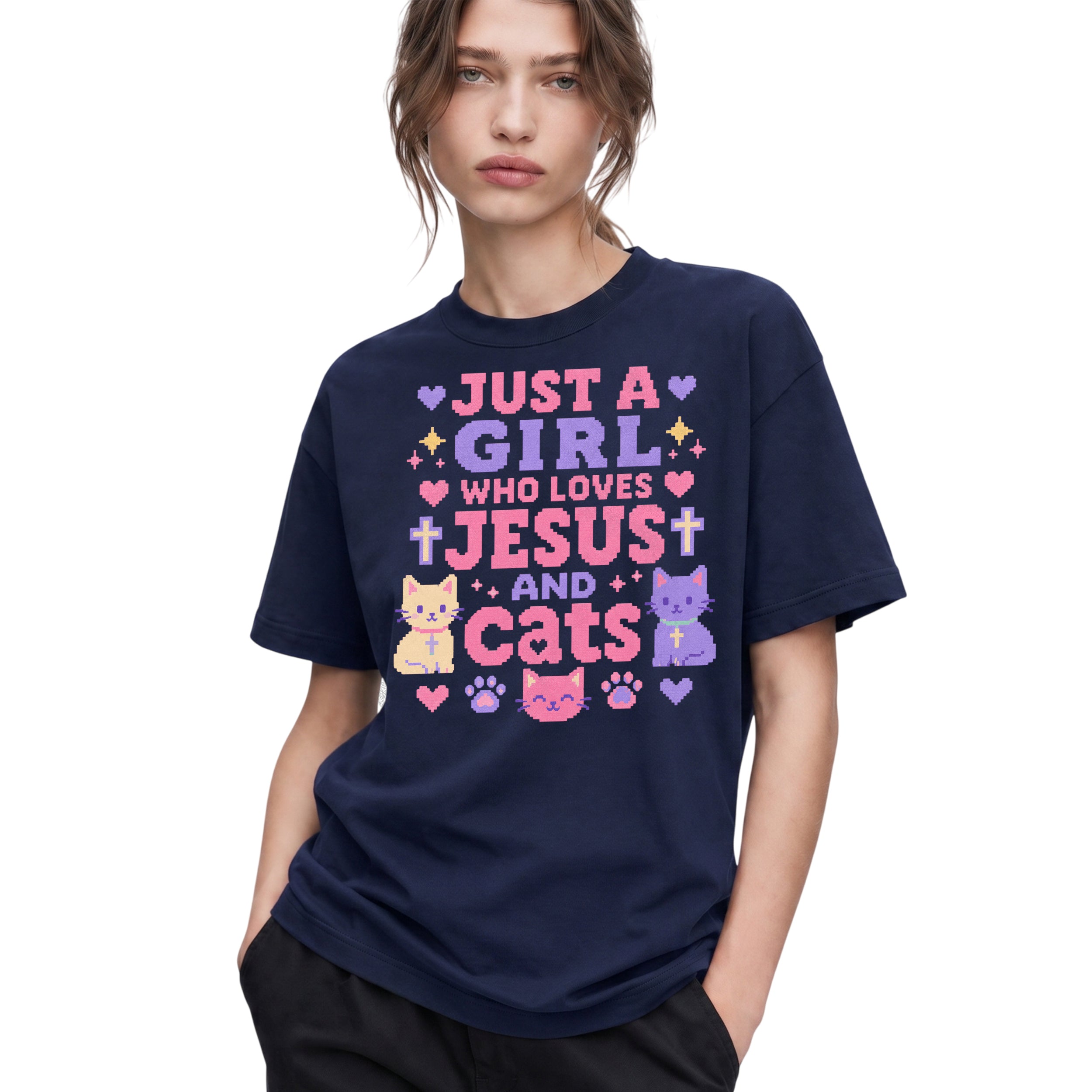 SF_COLOR=navy; SF_ITEM=adult-t-shirt; SF_ROLE=gallery; Just A Girl Who Loves Jesus And Cats T-Shirt Christian Feline Pet Lover Tee - Navy Adult T-Shirt product image
