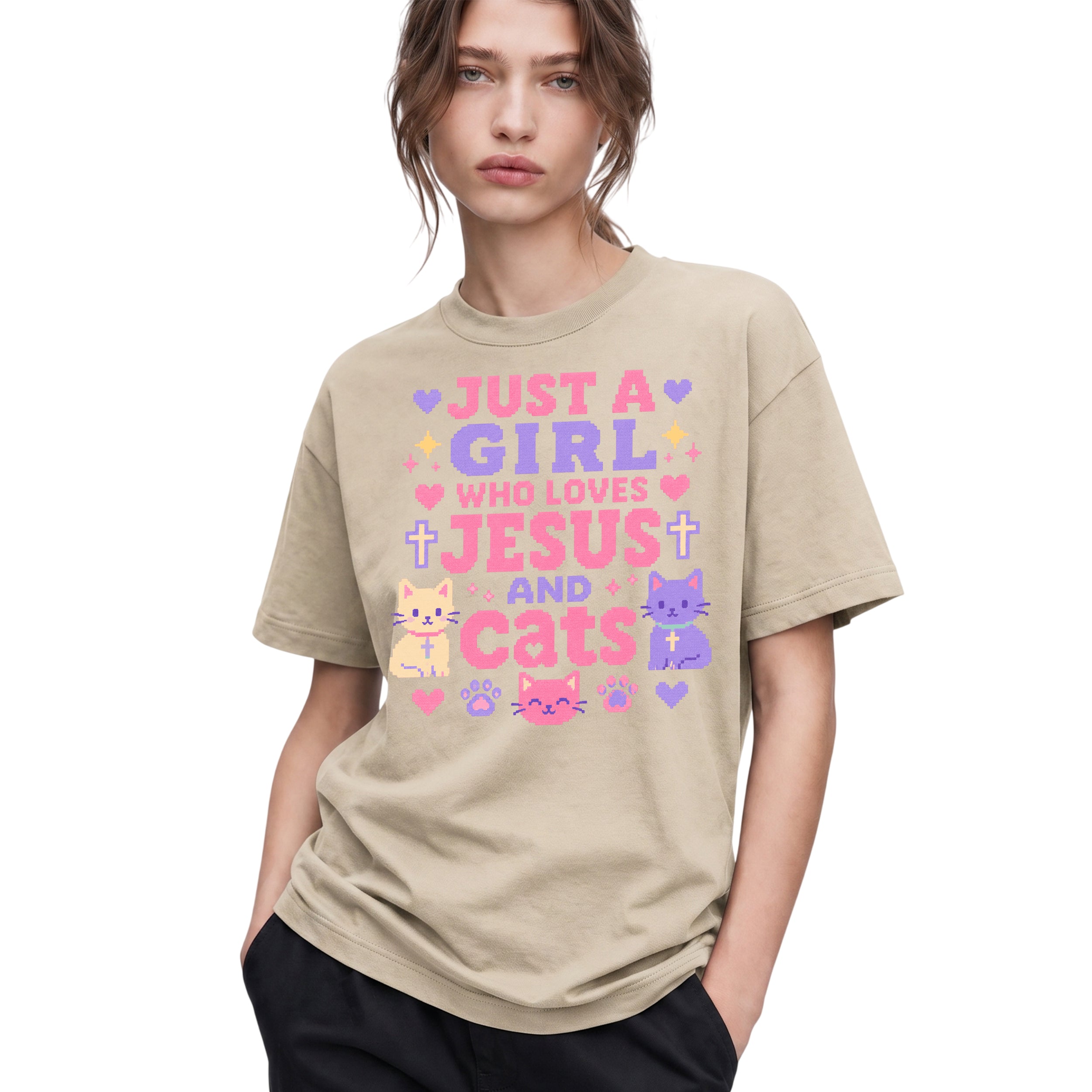 SF_COLOR=sand; SF_ITEM=adult-t-shirt; SF_ROLE=gallery; Just A Girl Who Loves Jesus And Cats T-Shirt Christian Feline Pet Lover Tee - Sand Adult T-Shirt product image