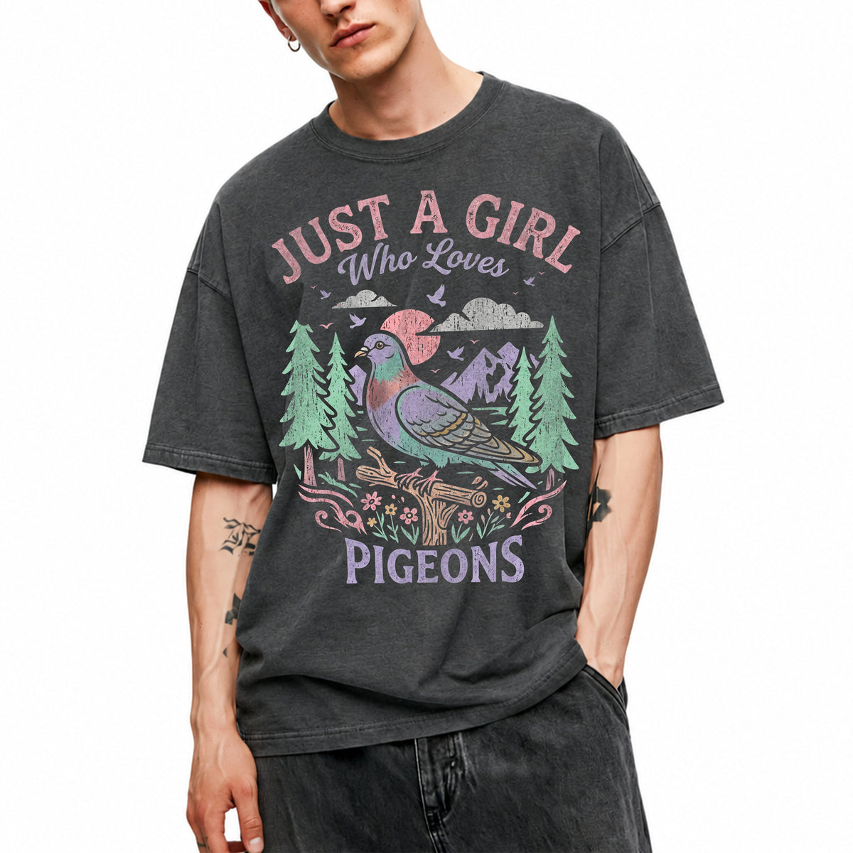 SF_COLOR=dark-heather; SF_ITEM=adult-t-shirt; SF_ROLE=main; Just a Girl Who Loves Pigeons T-Shirt Pastel Nature Bird Lover Graphic Tee - Dark Heather Adult T-Shirt product image