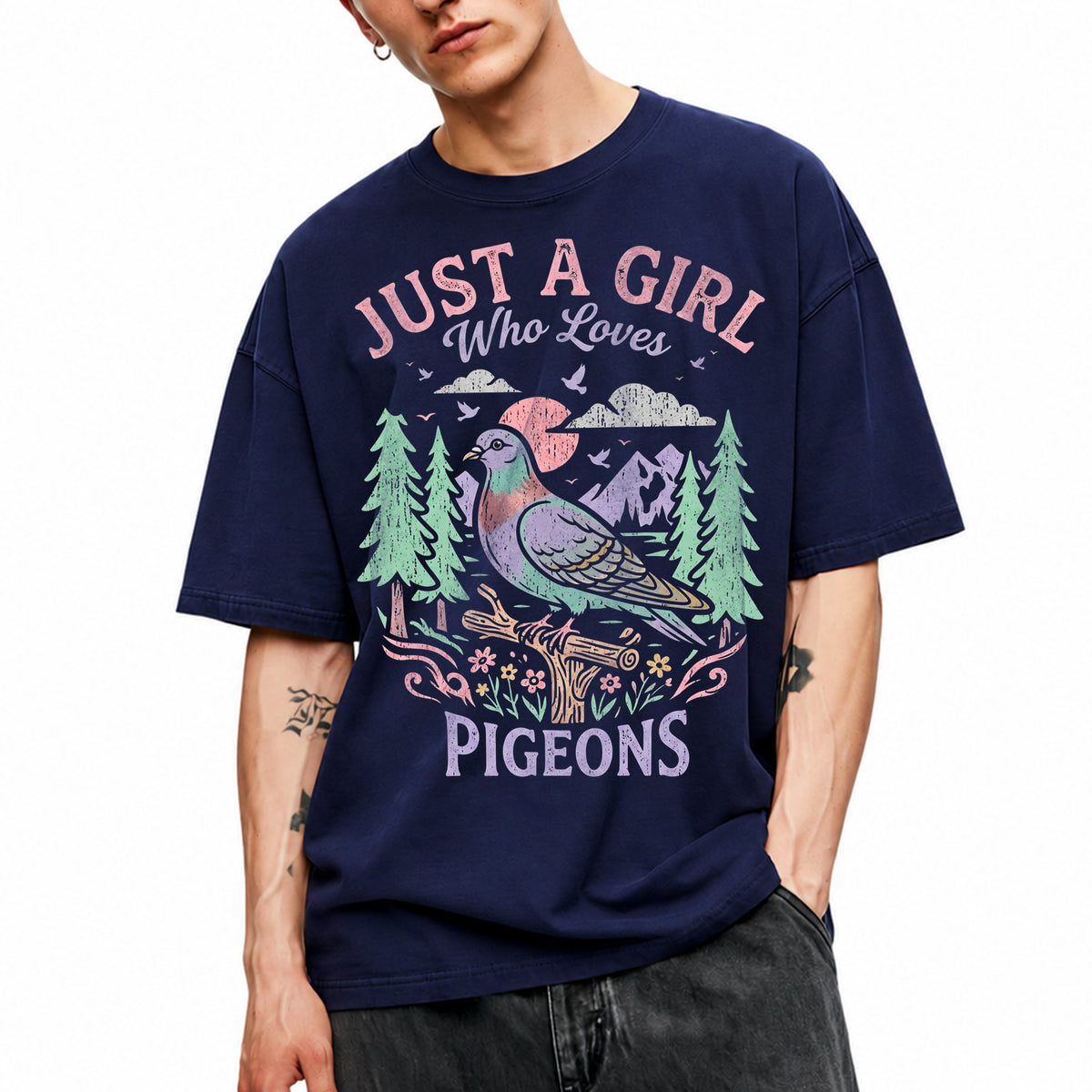 SF_COLOR=navy; SF_ITEM=adult-t-shirt; SF_ROLE=main; Just a Girl Who Loves Pigeons T-Shirt Pastel Nature Bird Lover Graphic Tee - Navy Adult T-Shirt product image