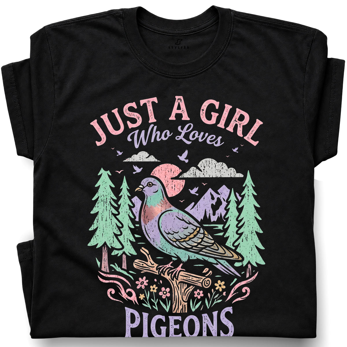 SF_COLOR=black; SF_ITEM=adult-t-shirt; SF_ROLE=gallery; Just a Girl Who Loves Pigeons T-Shirt Pastel Nature Bird Lover Graphic Tee - Black Adult T-Shirt product image