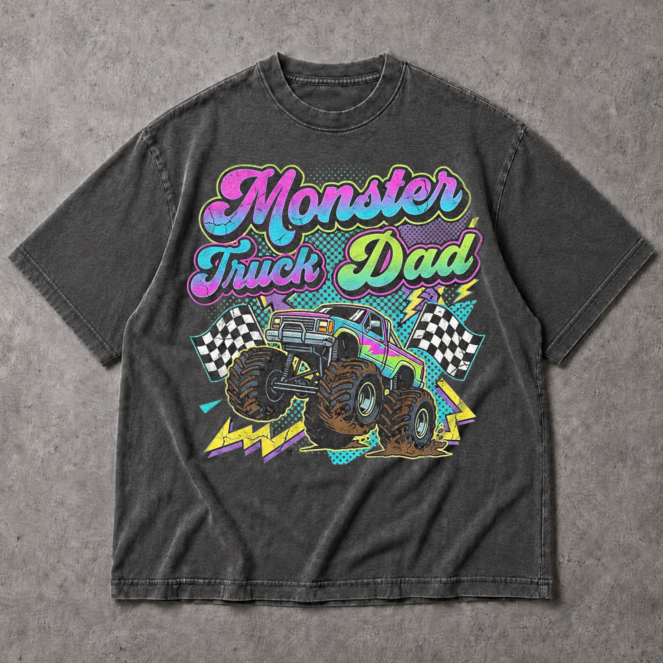 SF_COLOR=dark-heather; SF_ITEM=adult-t-shirt; SF_ROLE=main; Monster Truck Dad Racings T-Shirt Retro Neon Gift Tee - Dark Heather Adult T-Shirt product image