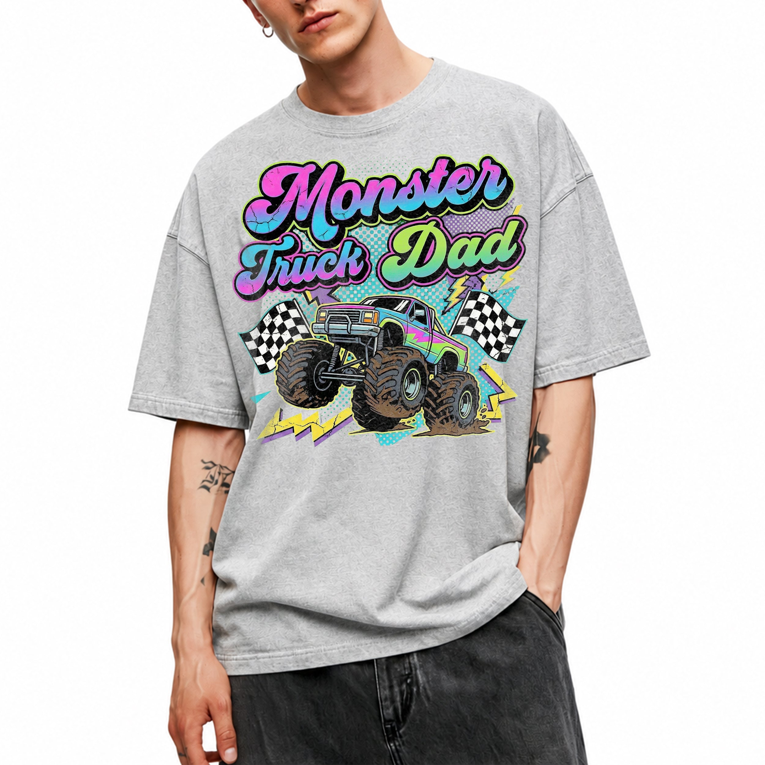 SF_COLOR=sport-grey; SF_ITEM=adult-t-shirt; SF_ROLE=gallery; Monster Truck Dad Racings T-Shirt Retro Neon Gift Tee - Sport Grey Adult T-Shirt product image