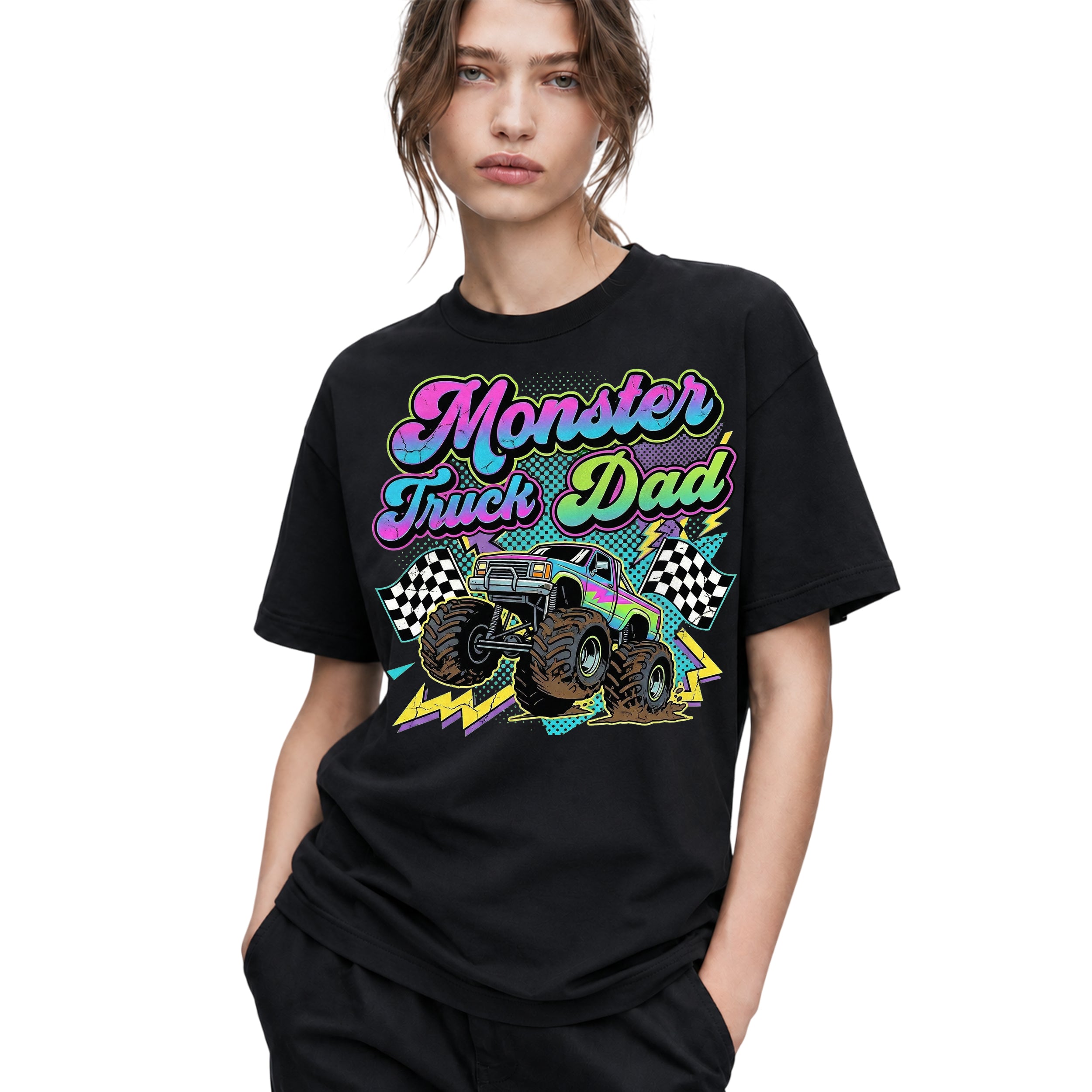 SF_COLOR=black; SF_ITEM=adult-t-shirt; SF_ROLE=gallery; Monster Truck Dad Racings T-Shirt Retro Neon Gift Tee - Black Adult T-Shirt product image