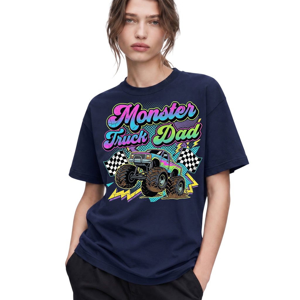 SF_COLOR=navy; SF_ITEM=adult-t-shirt; SF_ROLE=gallery; Monster Truck Dad Racings T-Shirt Retro Neon Gift Tee - Navy Adult T-Shirt product image