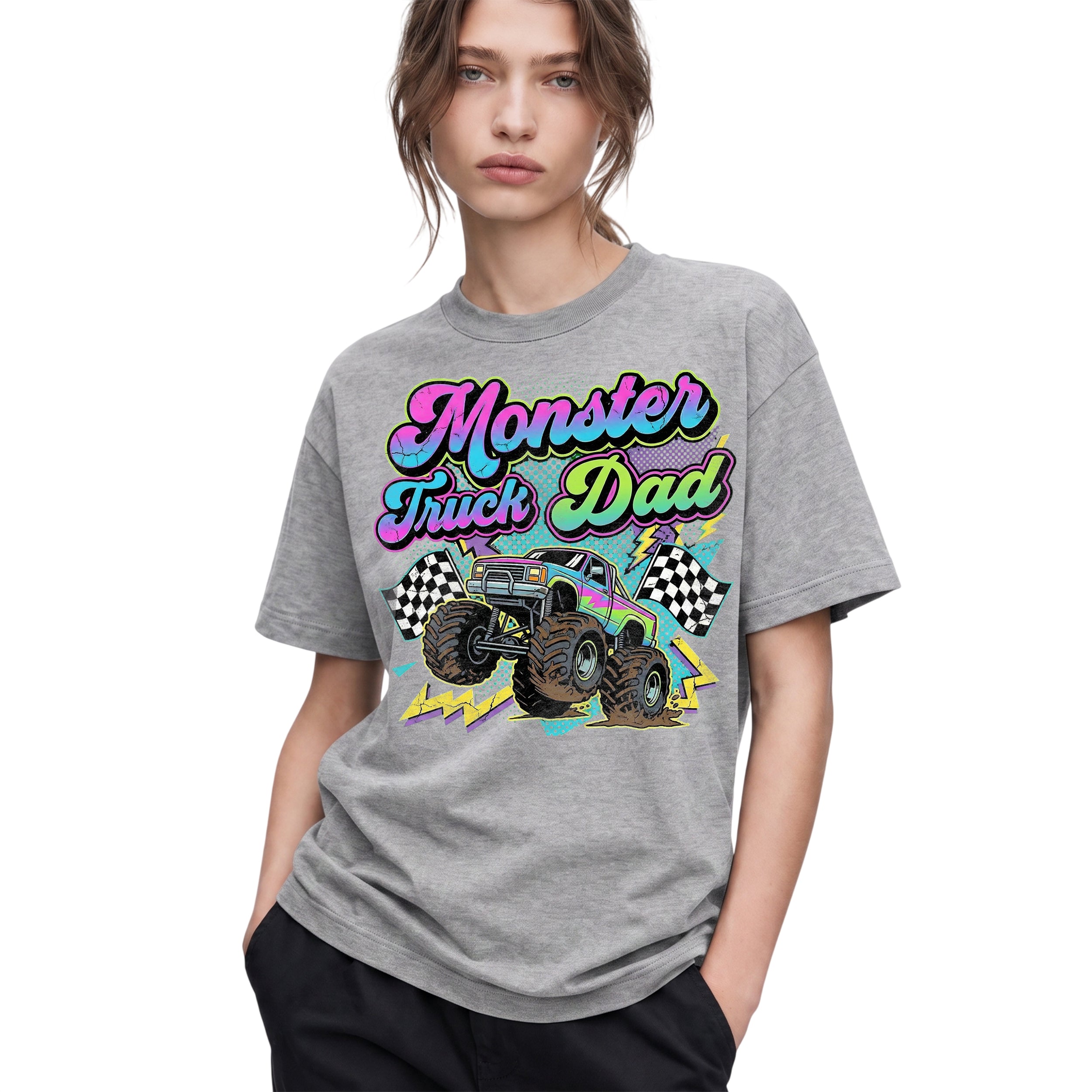 SF_COLOR=sport-grey; SF_ITEM=adult-t-shirt; SF_ROLE=gallery; Monster Truck Dad Racings T-Shirt Retro Neon Gift Tee - Sport Grey Adult T-Shirt product image