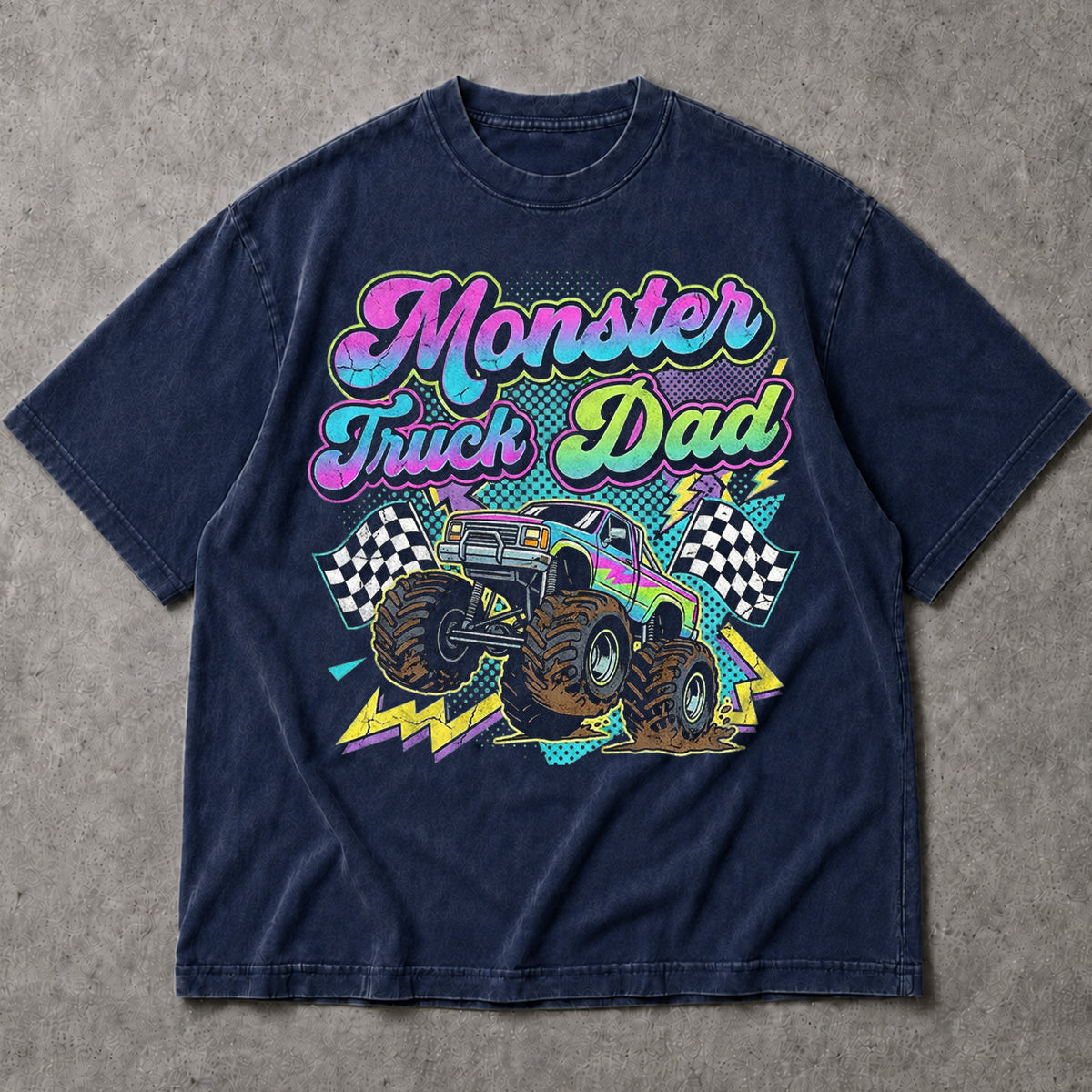 SF_COLOR=navy; SF_ITEM=adult-t-shirt; SF_ROLE=main; Monster Truck Dad Racings T-Shirt Retro Neon Gift Tee - Navy Adult T-Shirt product image