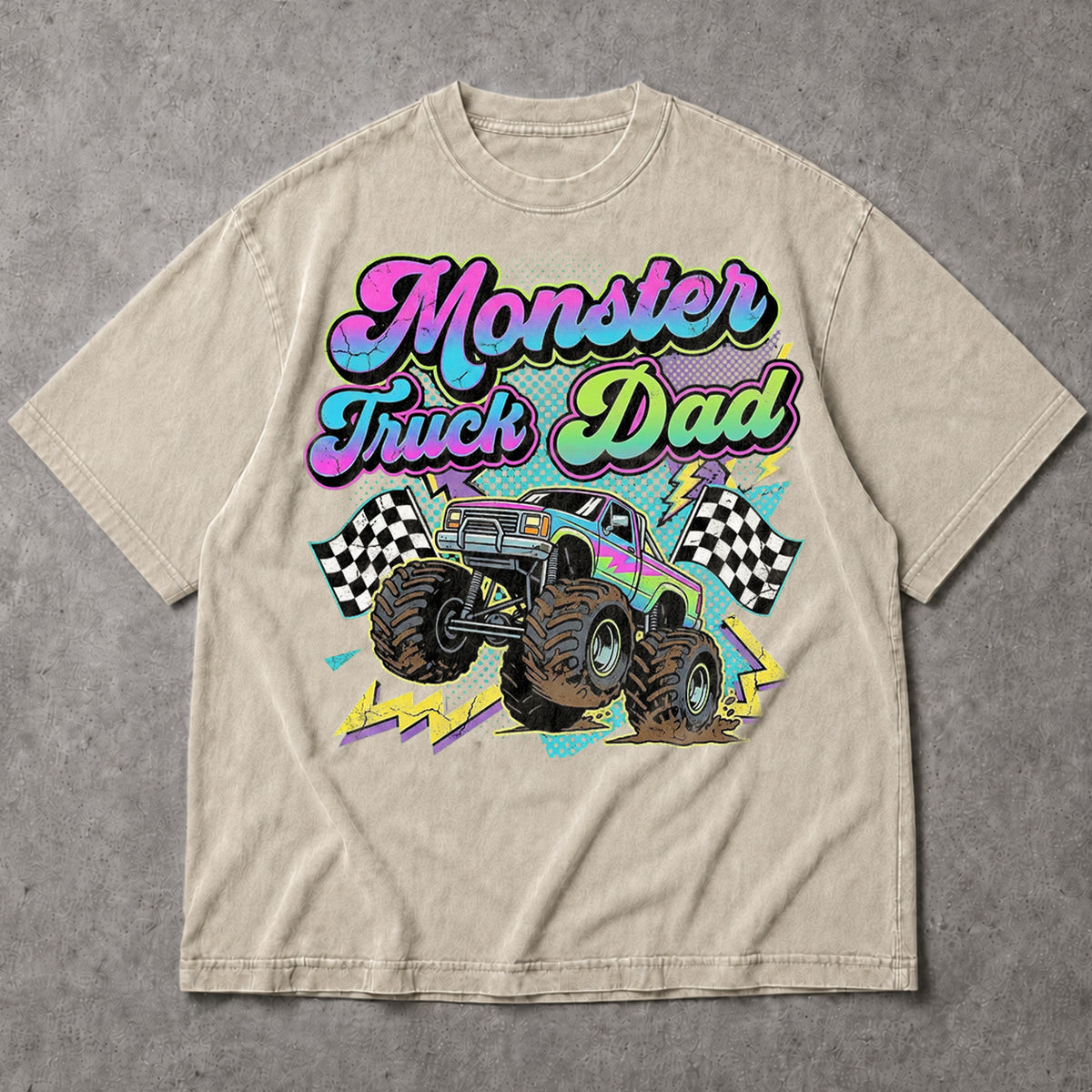SF_COLOR=sand; SF_ITEM=adult-t-shirt; SF_ROLE=main; Monster Truck Dad Racings T-Shirt Retro Neon Gift Tee - Sand Adult T-Shirt product image