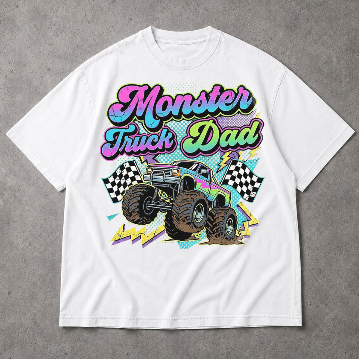 SF_COLOR=white; SF_ITEM=adult-t-shirt; SF_ROLE=main; Monster Truck Dad Racings T-Shirt Retro Neon Gift Tee - White Adult T-Shirt product image