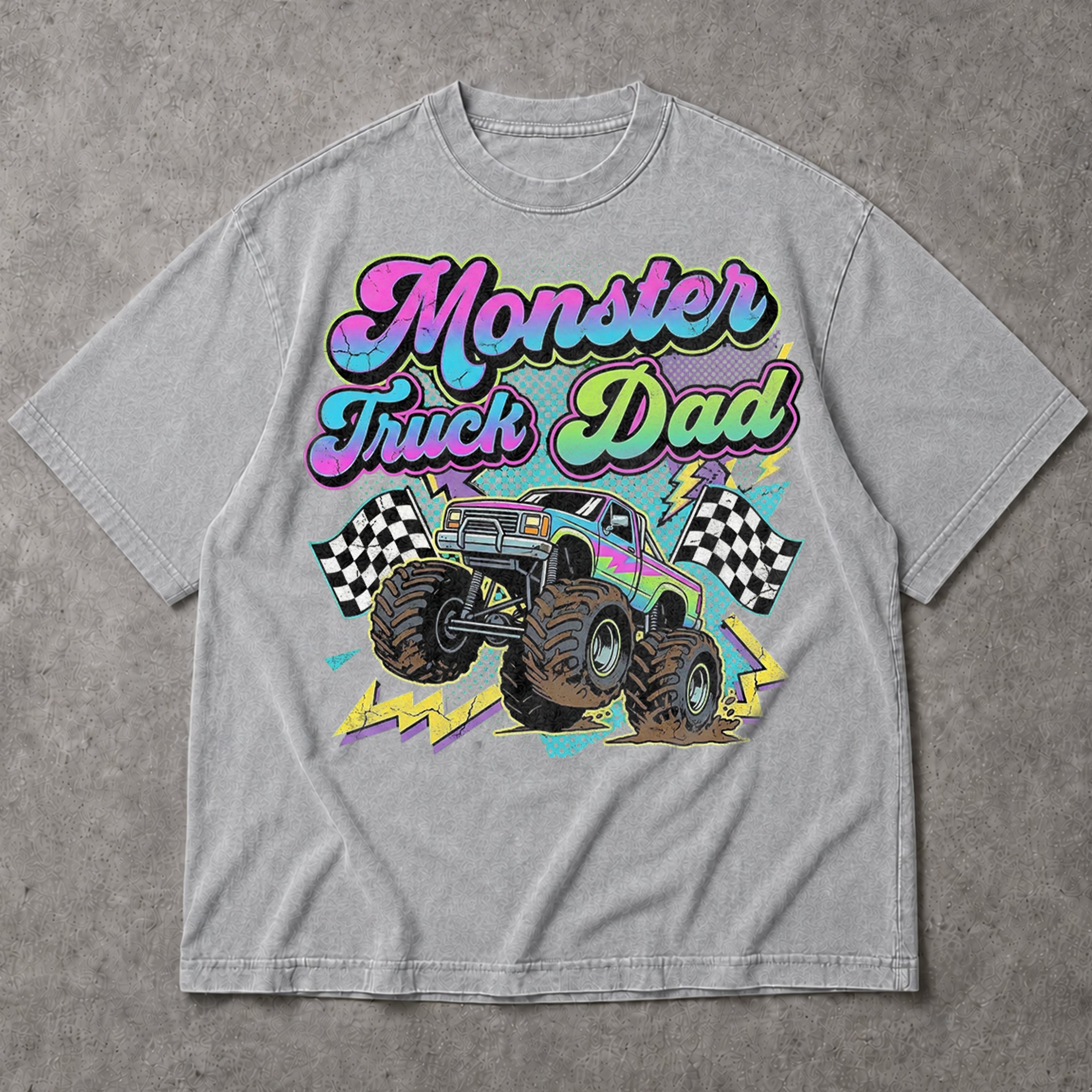 SF_COLOR=sport-grey; SF_ITEM=adult-t-shirt; SF_ROLE=main; Monster Truck Dad Racings T-Shirt Retro Neon Gift Tee - Sport Grey Adult T-Shirt product image