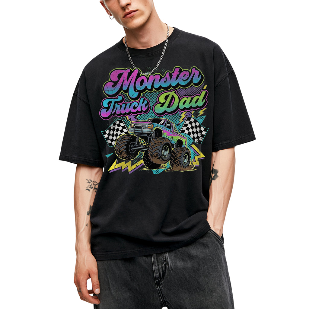SF_COLOR=black; SF_ITEM=adult-t-shirt; SF_ROLE=gallery; Monster Truck Dad Racings T-Shirt Retro Neon Gift Tee - Black Adult T-Shirt product image