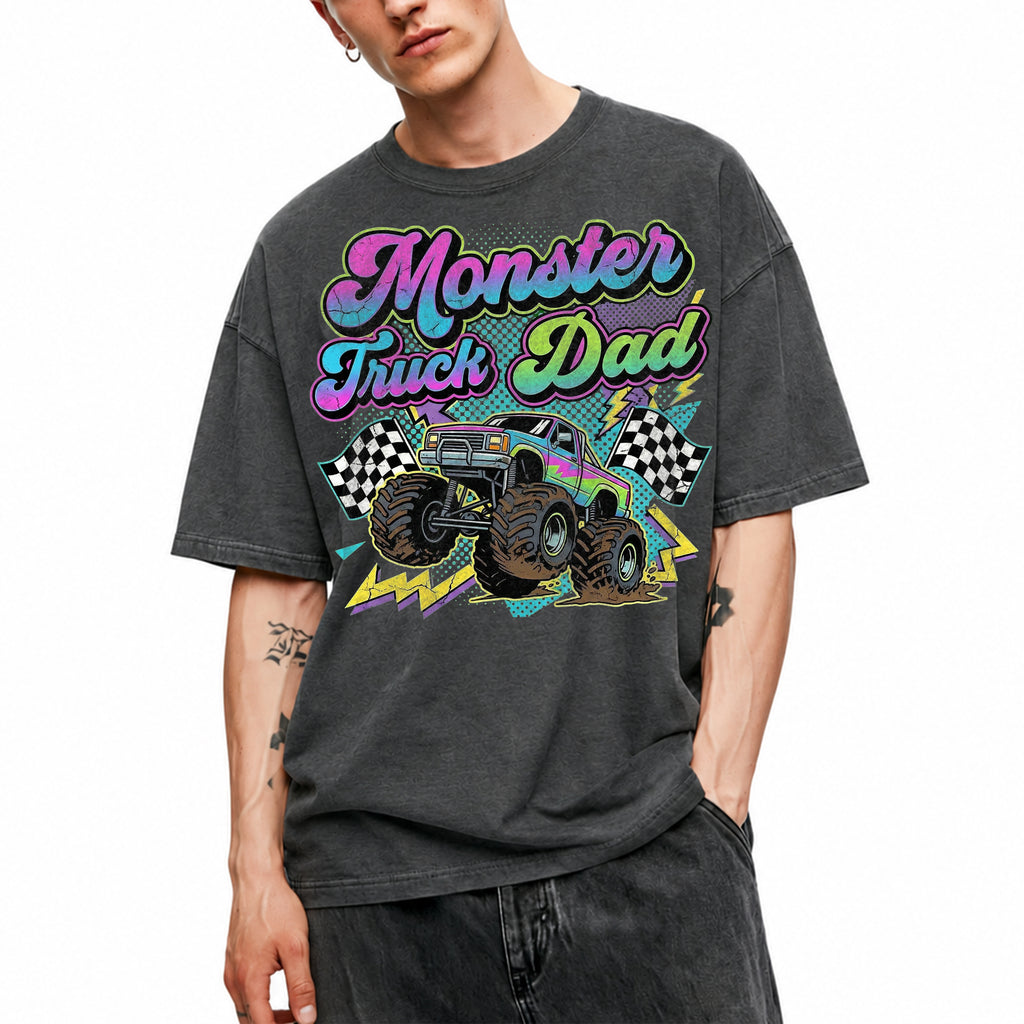 SF_COLOR=dark-heather; SF_ITEM=adult-t-shirt; SF_ROLE=gallery; Monster Truck Dad Racings T-Shirt Retro Neon Gift Tee - Dark Heather Adult T-Shirt product image