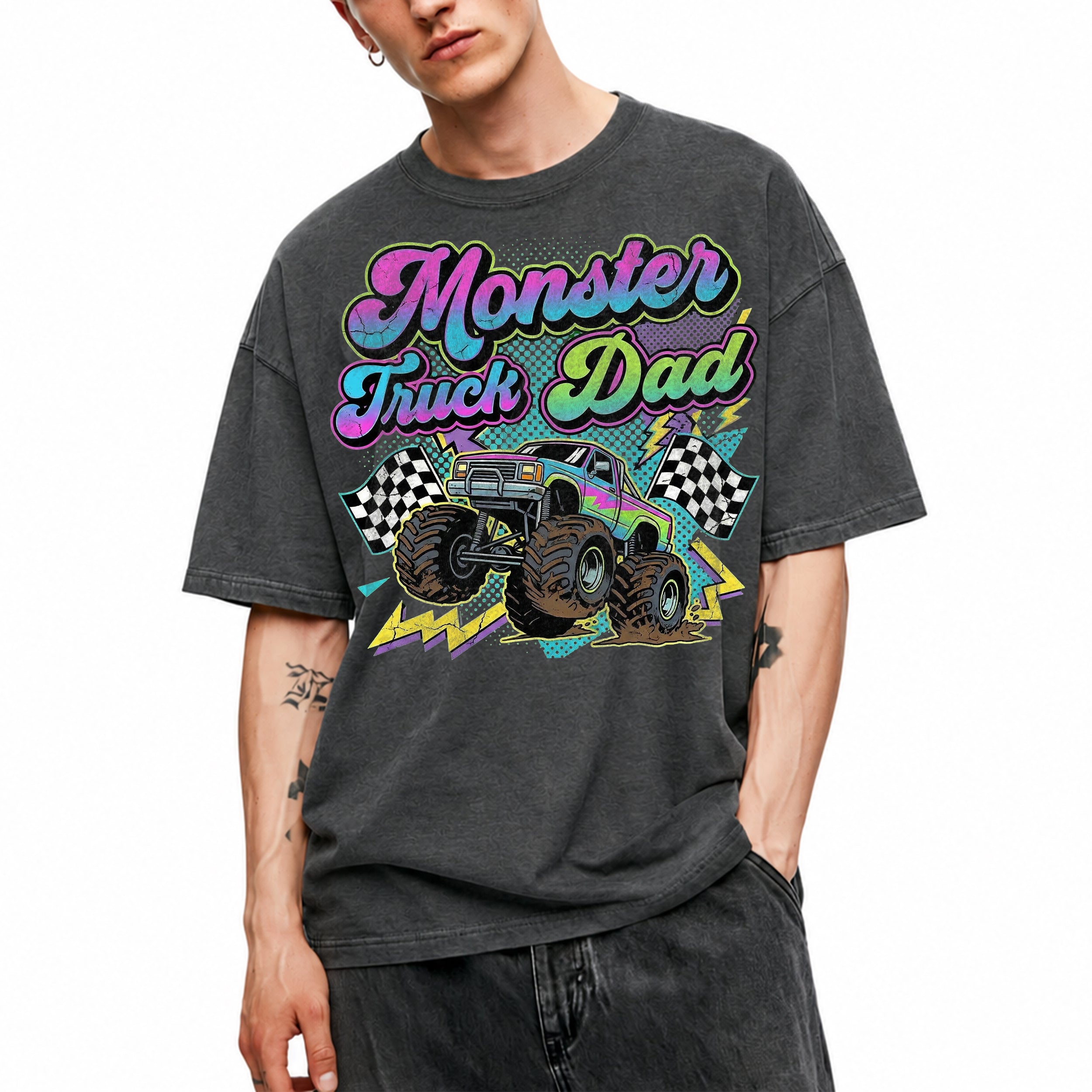 SF_COLOR=dark-heather; SF_ITEM=adult-t-shirt; SF_ROLE=gallery; Monster Truck Dad Racings T-Shirt Retro Neon Gift Tee - Dark Heather Adult T-Shirt product image