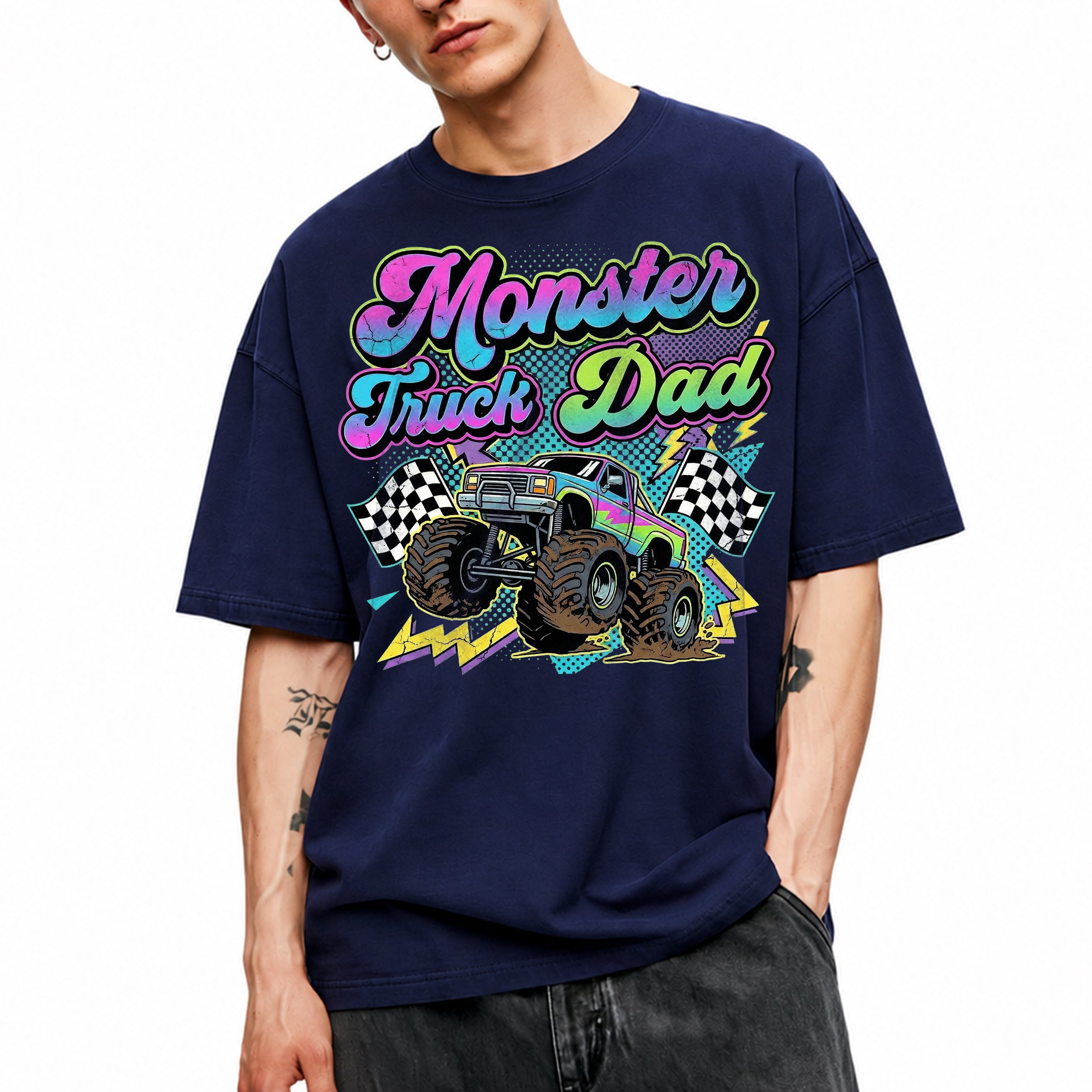 SF_COLOR=navy; SF_ITEM=adult-t-shirt; SF_ROLE=gallery; Monster Truck Dad Racings T-Shirt Retro Neon Gift Tee - Navy Adult T-Shirt product image
