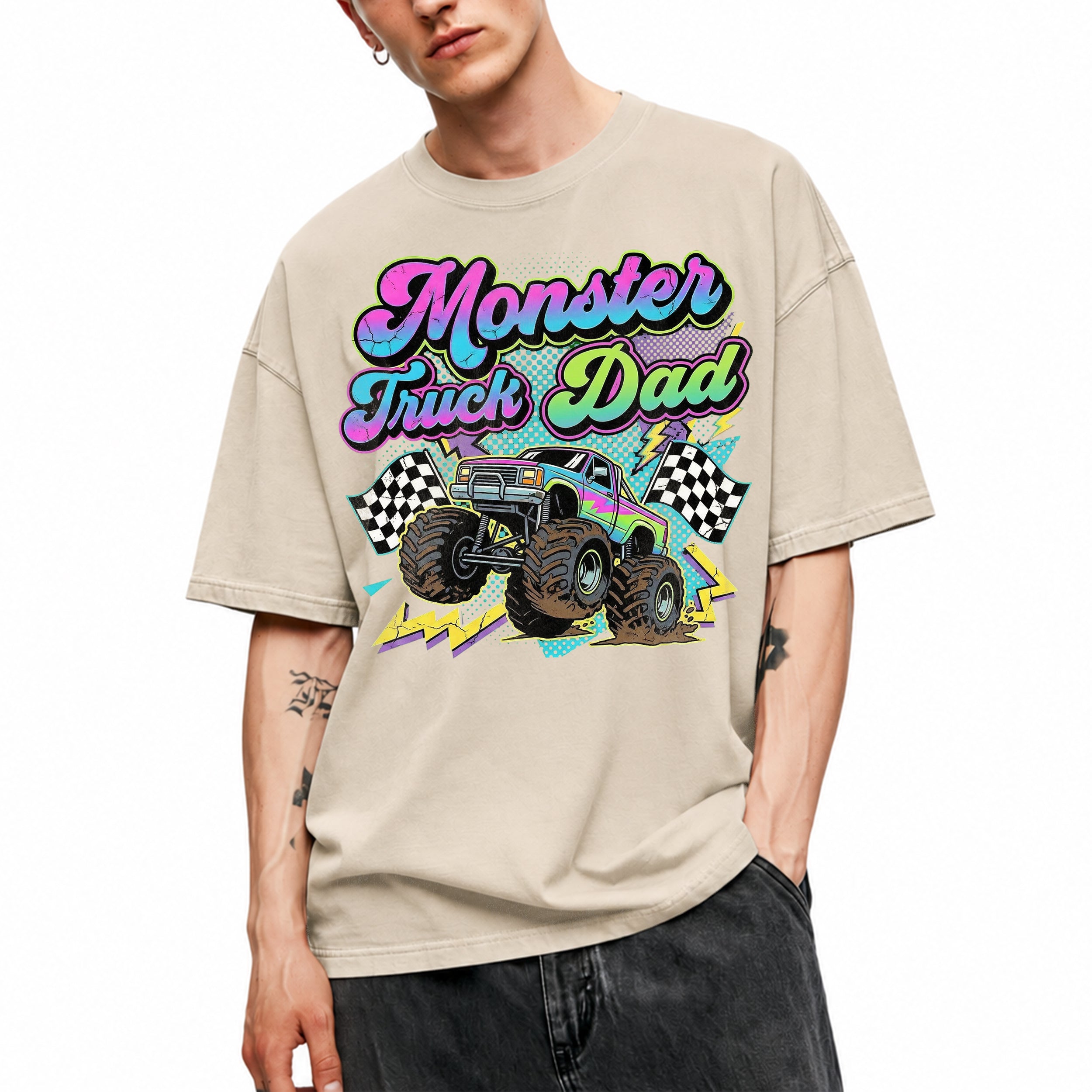 SF_COLOR=sand; SF_ITEM=adult-t-shirt; SF_ROLE=gallery; Monster Truck Dad Racings T-Shirt Retro Neon Gift Tee - Sand Adult T-Shirt product image