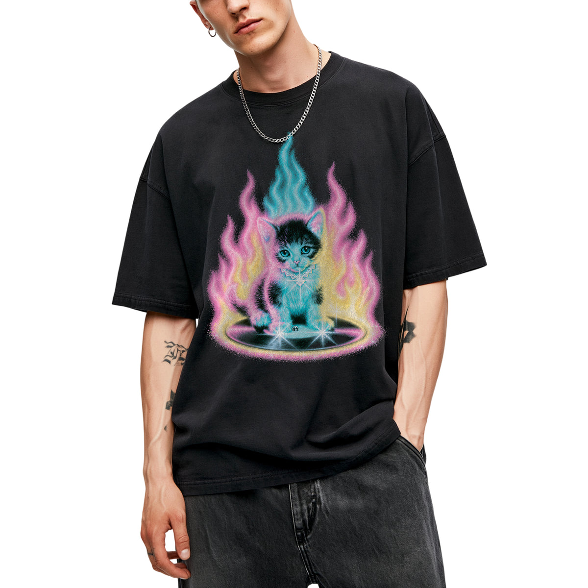 SF_COLOR=black; SF_ITEM=adult-t-shirt; SF_ROLE=main; Neon Flame Kitten T-Shirt YK Aesthetic Airbrush Style Cute Glowing Cat Tee - Black Adult T-Shirt product image