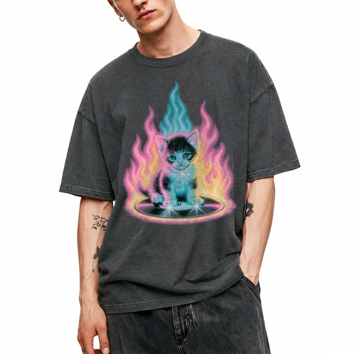 SF_COLOR=dark-heather; SF_ITEM=adult-t-shirt; SF_ROLE=main; Neon Flame Kitten T-Shirt YK Aesthetic Airbrush Style Cute Glowing Cat Tee - Dark Heather Adult T-Shirt product image