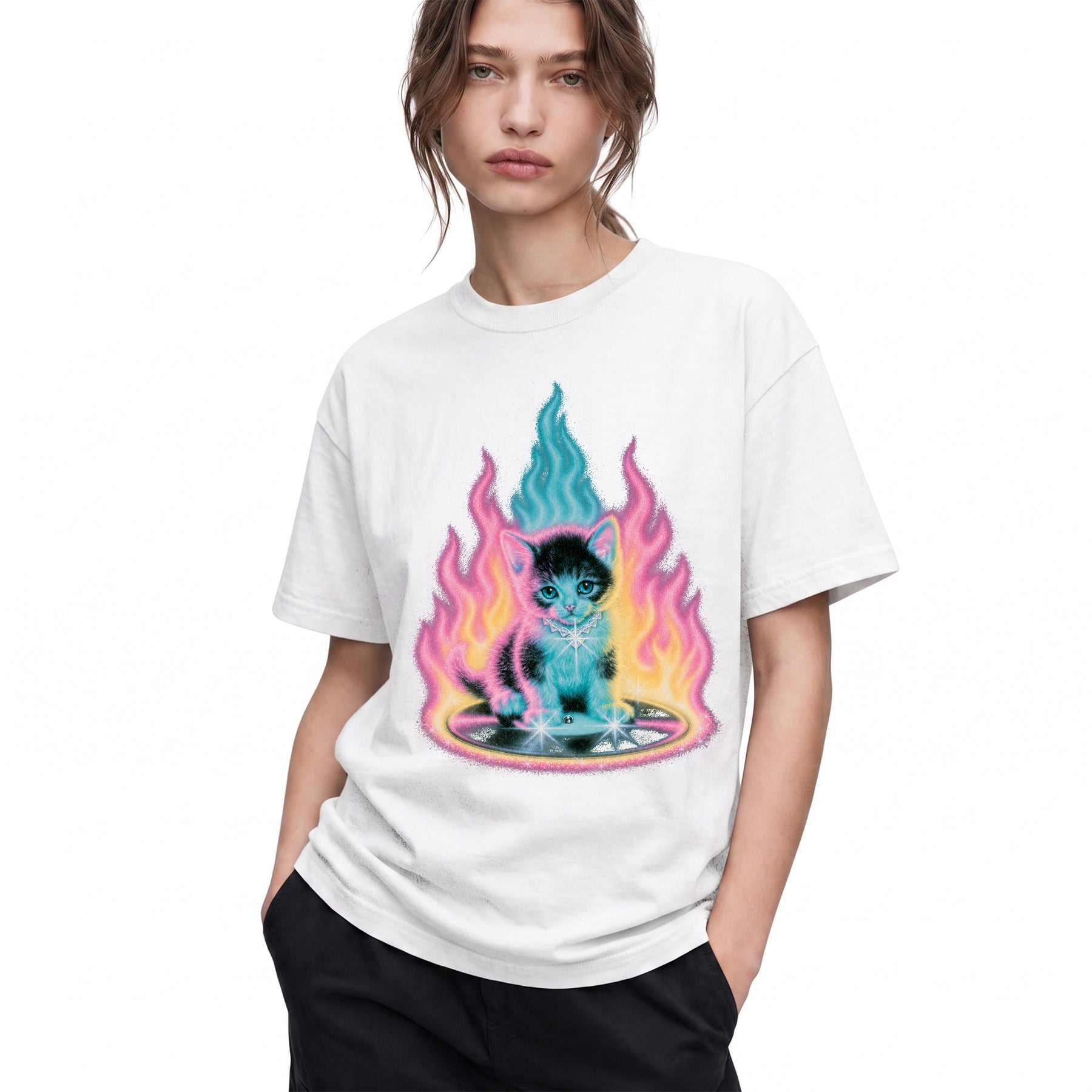 SF_COLOR=white; SF_ITEM=adult-t-shirt; SF_ROLE=gallery; Neon Flame Kitten T-Shirt YK Aesthetic Airbrush Style Cute Glowing Cat Tee - White Adult T-Shirt product image