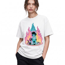 SF_COLOR=white; SF_ITEM=adult-t-shirt; SF_ROLE=gallery; Neon Flame Kitten T-Shirt YK Aesthetic Airbrush Style Cute Glowing Cat Tee - White Adult T-Shirt product image